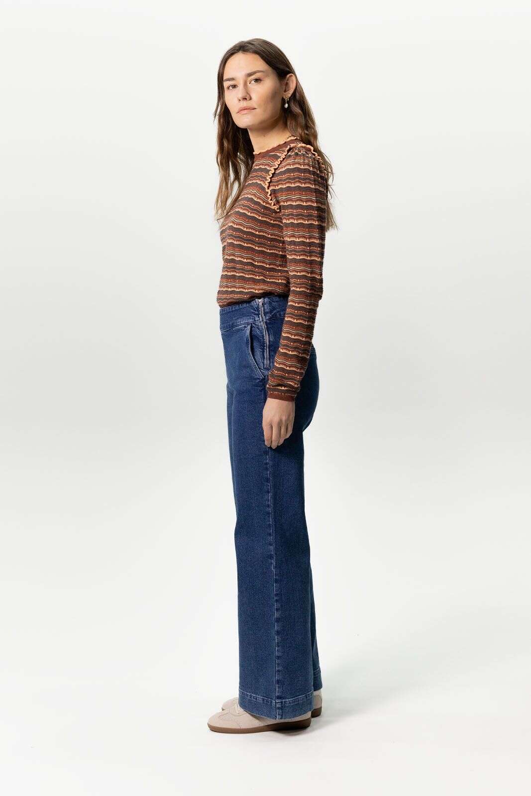 Donkerblauwe high waist wide leg jeans met rits