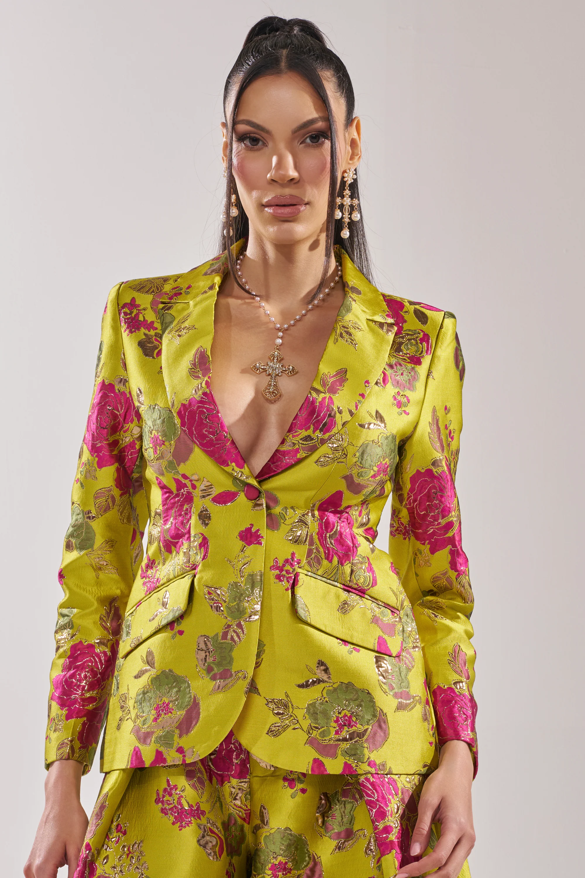 BUY MYSELF FLOWERS BROCADE BLAZER IN LIME - Akira Store