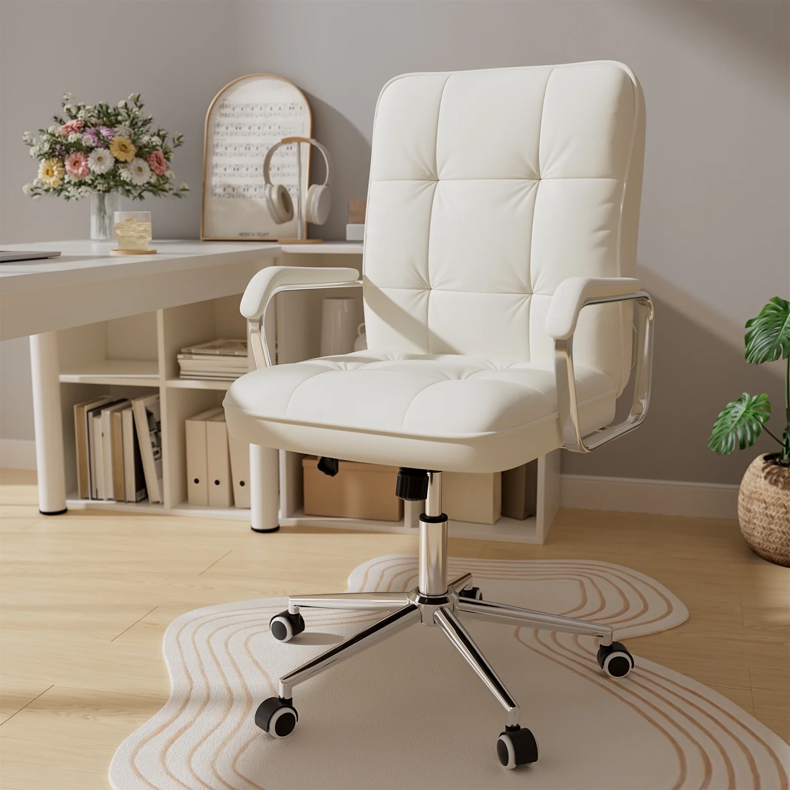 White Office Chair, Swivel Leather Computer Desk Chair with Wheels and Padded Arms, Executive Office Chair for Adults(White) Image 10