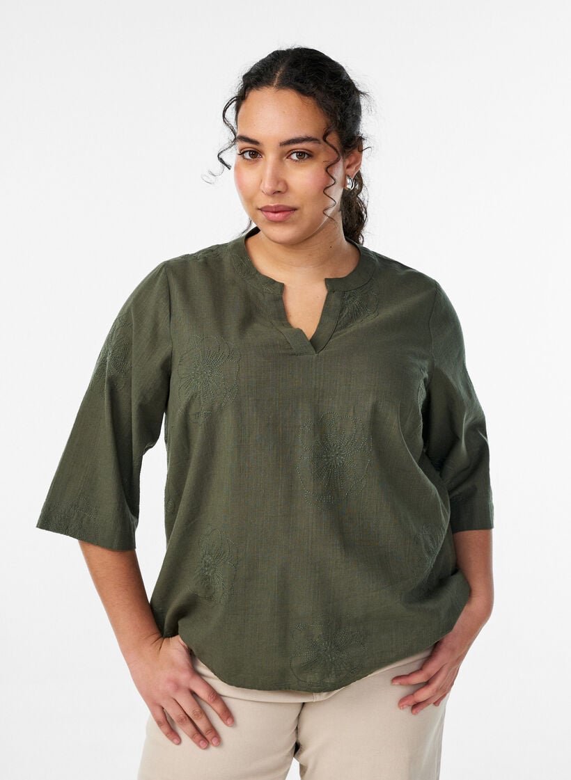 Zizzi Cotton blouse with embroidered details and 3/4 sleeves