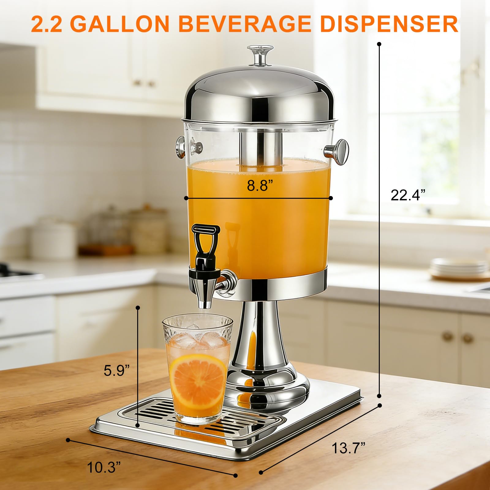 2.2 Gallon Iced Beverage Drink Dispenser, Stainless Steel Water Jar with Stand, Iced Beverage Drink Dispenser for Parties, Commercial Hot Cold Juice, Hot & Cold Drinks