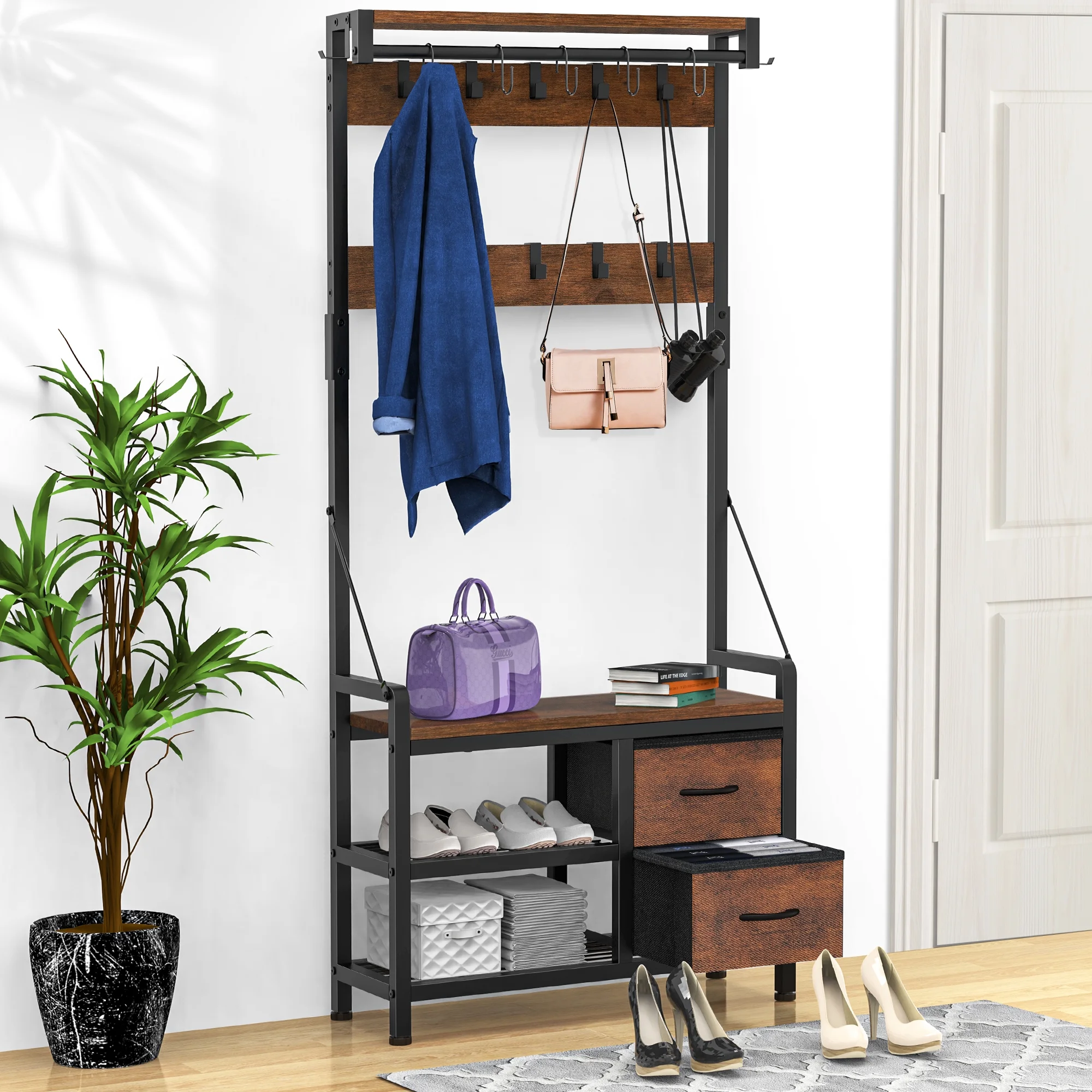 GIKPAL 5 in 1 Hall Tree, Entryway Bench with Coat Hooks Industrial Entryway Bench with 17 Hooks 2 Drawers and Top Shelf, for Hallway or Living Room, Rustic Brown(2 Drawers/Brown)