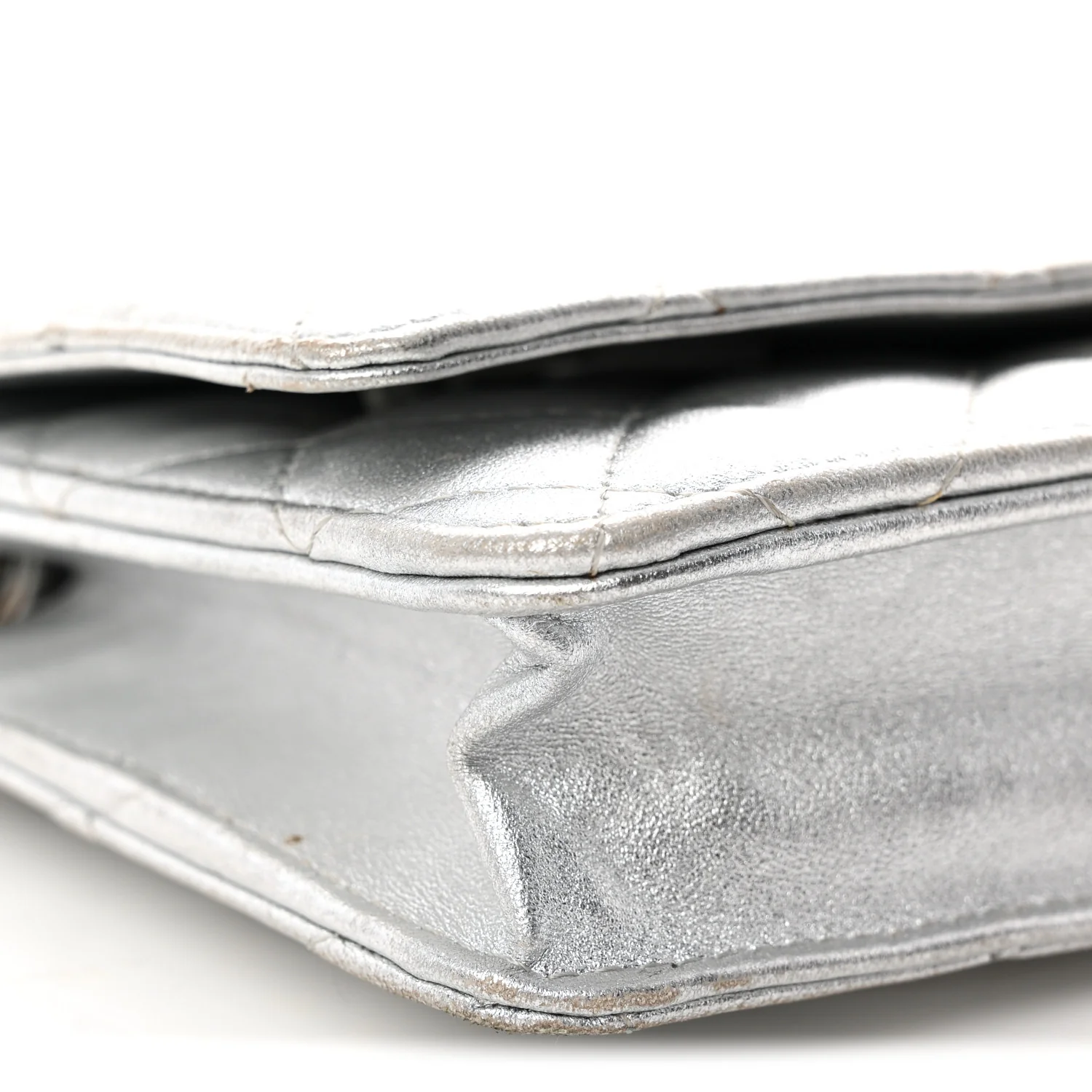 Metallic Lambskin Quilted Wallet On Chain WOC Silver