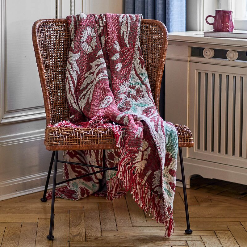 Jangal pledd 160x130 cm beige/rød/grønn