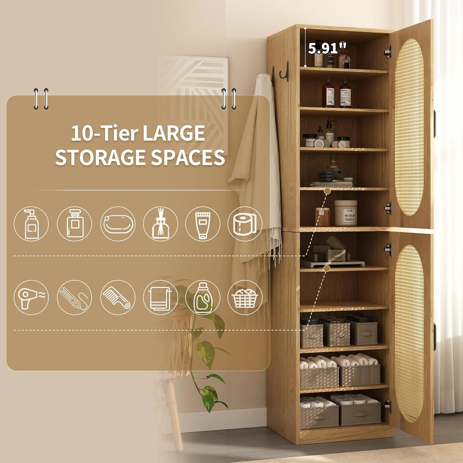 66-Inch Bathroom Storage Cabinet with Rattan Doors, Bath Room Organizer Floor Cabinets Brown - Image 9