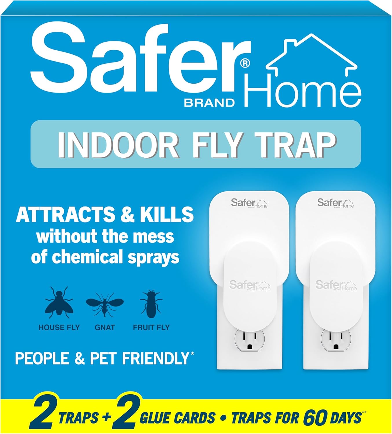 Safer Home Flying Insect Trap, Plug-in Fruit Fly Trap for Indoors, 2-Pack| Flying Insect, Moth, & Gnat Trap, Fruit Fly Killer, Fly Catcher, 24/7 Catch, Chemical-Free, 2 Traps + 2 Glue Cards, SH502-2SR