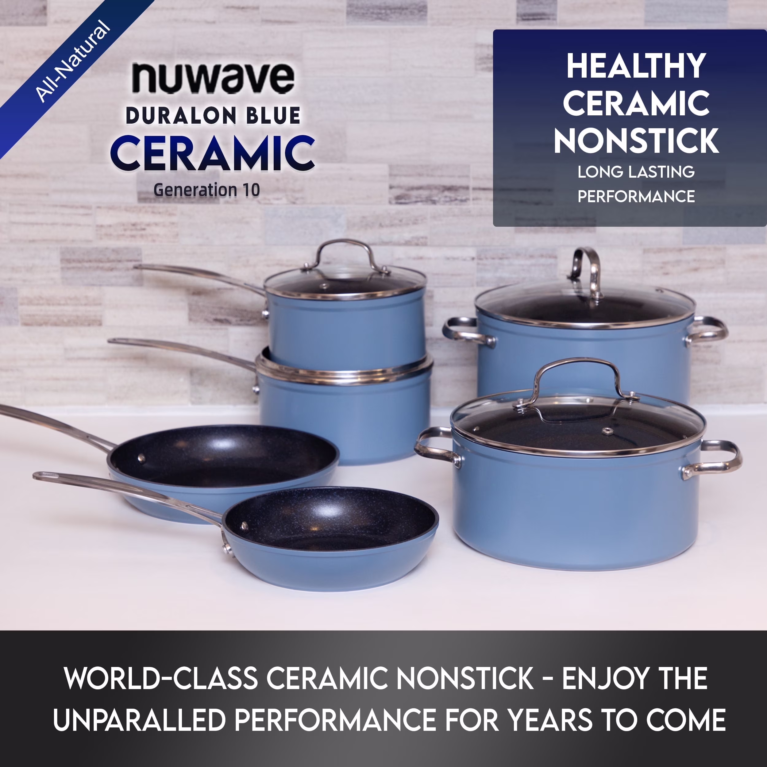Nuwave 10 Piece Induction Compatible Duralon Blue Ceramic Non - Stick Cookware Set, Cozy Blue