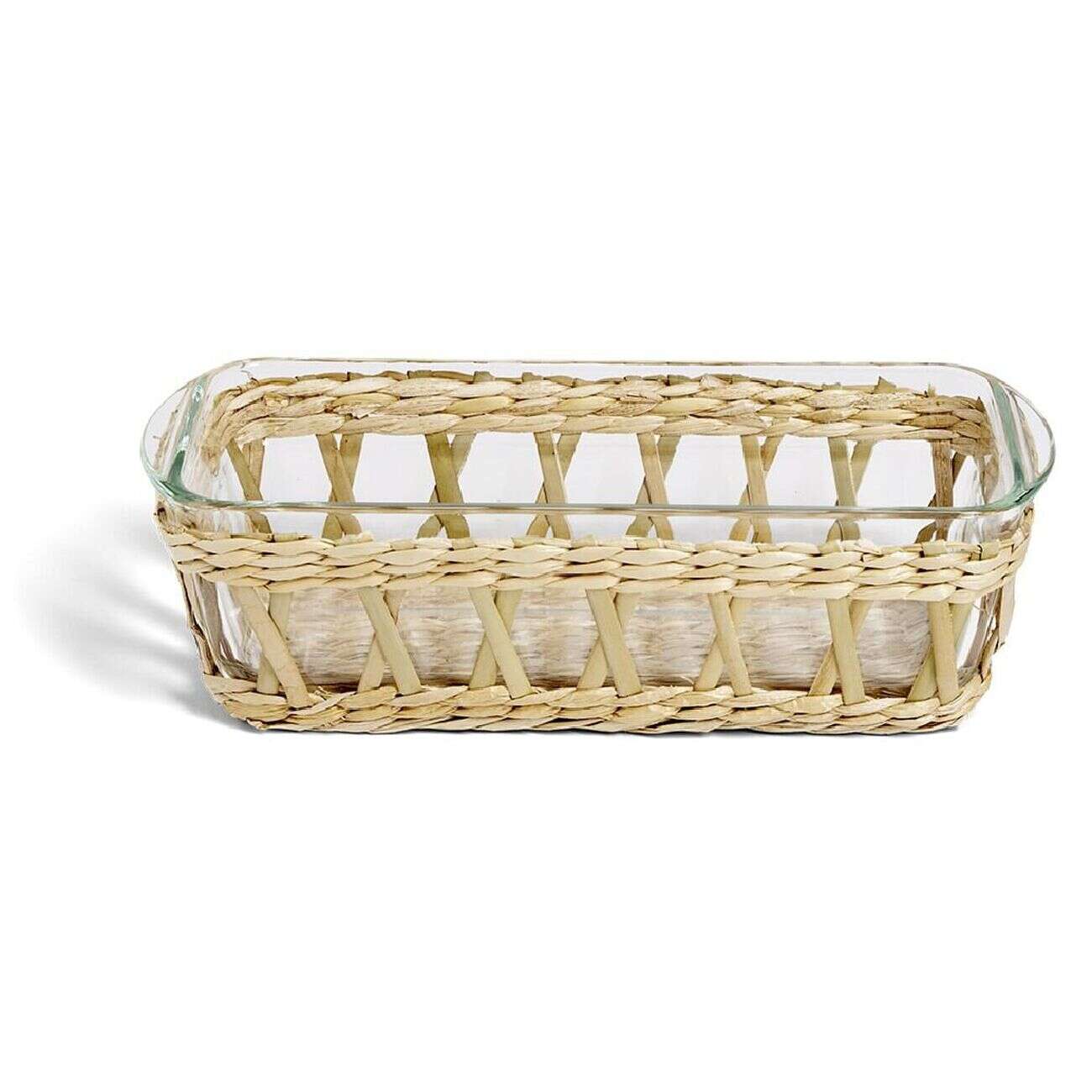 Plat à four en verre transparent et déco raphia beige 28x11,5xH8,5cm