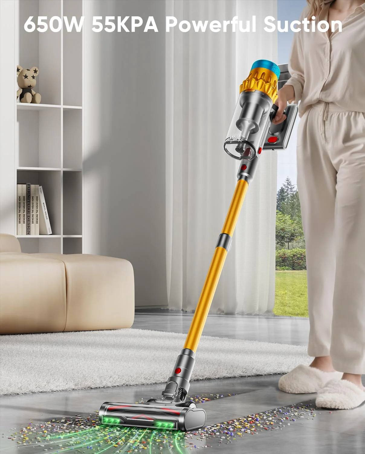 Aspirateur balai sans fil 650 W/55 kPa/70 min avec support autoportant, brosse anti-emmêlement, écran intelligent et réservoir de 1,8 L, idéal pour les poils d'animaux et les tapis.