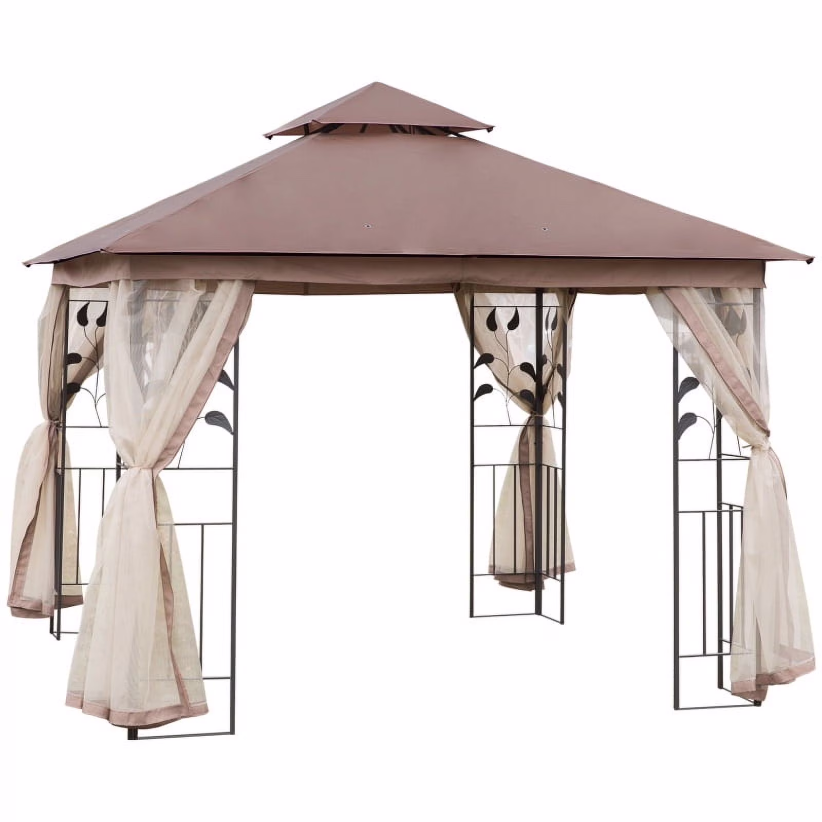 Outsunny 10' x 10' Metal Patio Gazebo, Double Roof Outdoor Gazebo Canopy Shelter with Tree Motifs Corner Frame and Netting, for Garden, Lawn, Backyard, and Deck, Brown On-Site