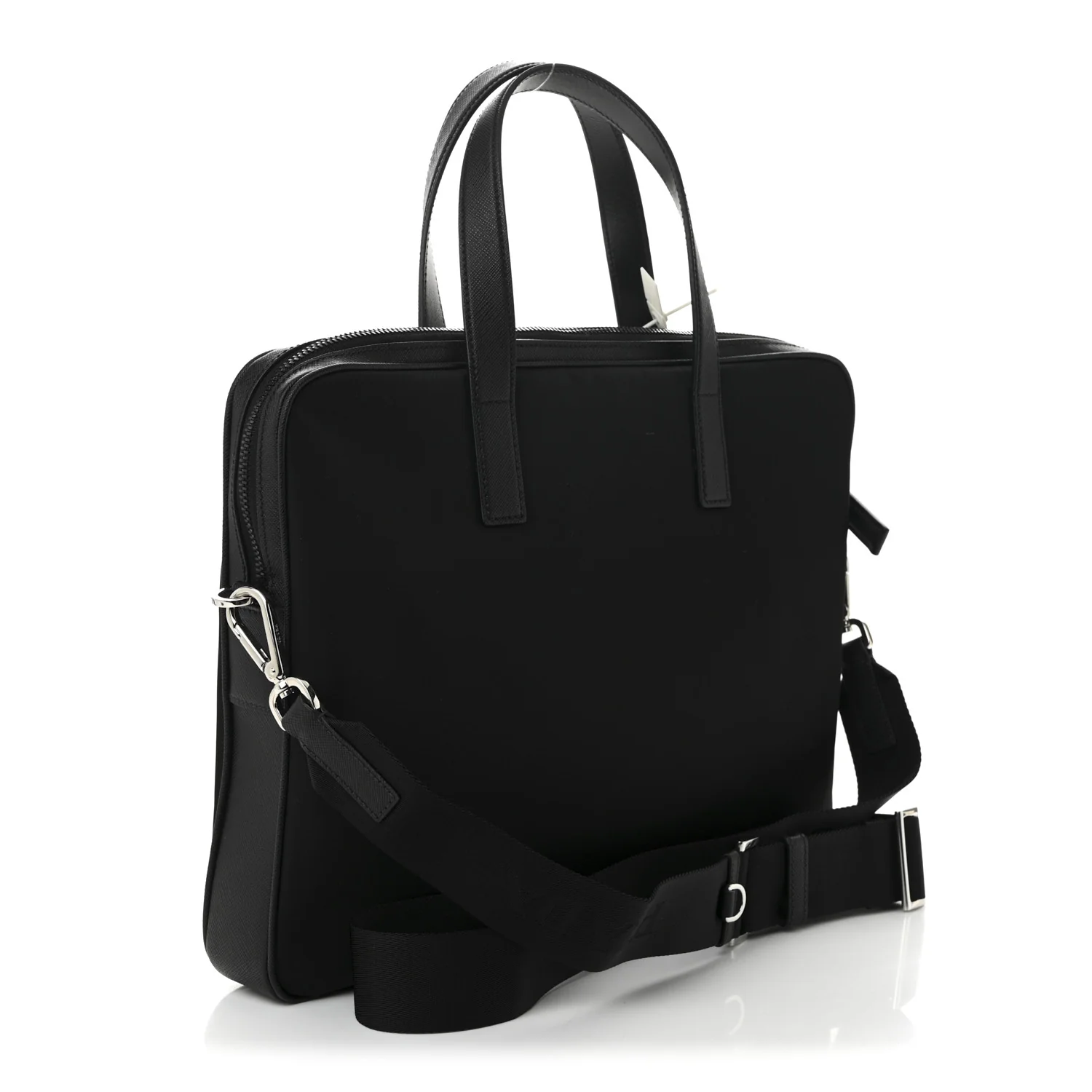 Re-Nylon Saffiano Metal Triangle Logo Briefcase Black