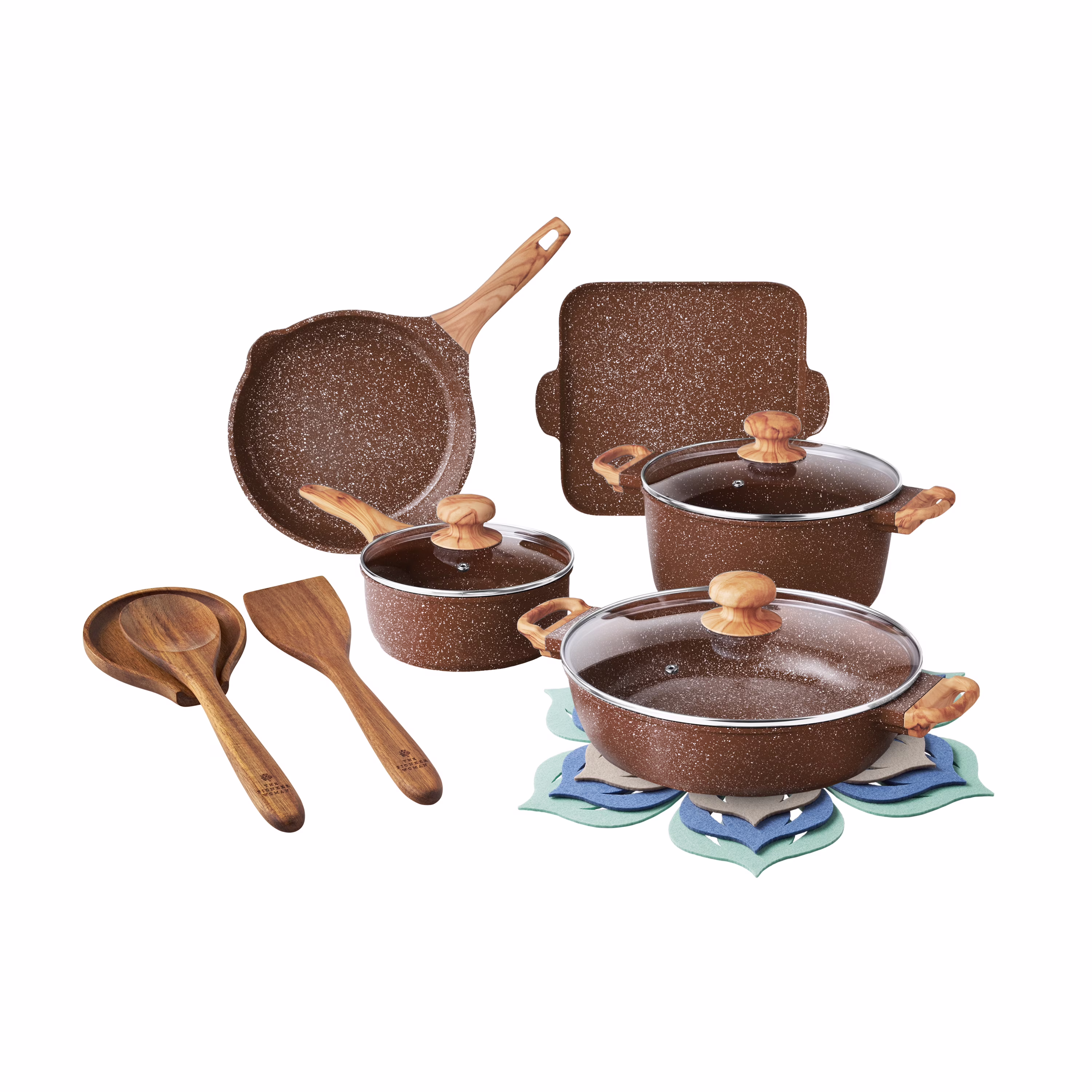 Prairie Signature 14-Piece Cast Aluminum Cookware Set, Brown Speckle(Brown Speckle)