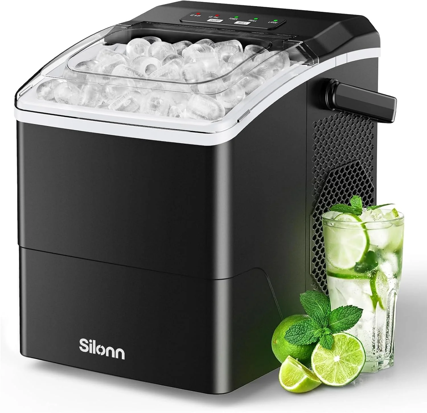 Machine à glaçons de comptoir Silonn, 9 glaçons prêts en 6 minutes, 12 kg en 24 heures, machine à glaçons portable avec autonettoyage, 2 tailles de glaçons en forme de balle pour la maison, la cuisine, les fêtes et le camping-car, noire
