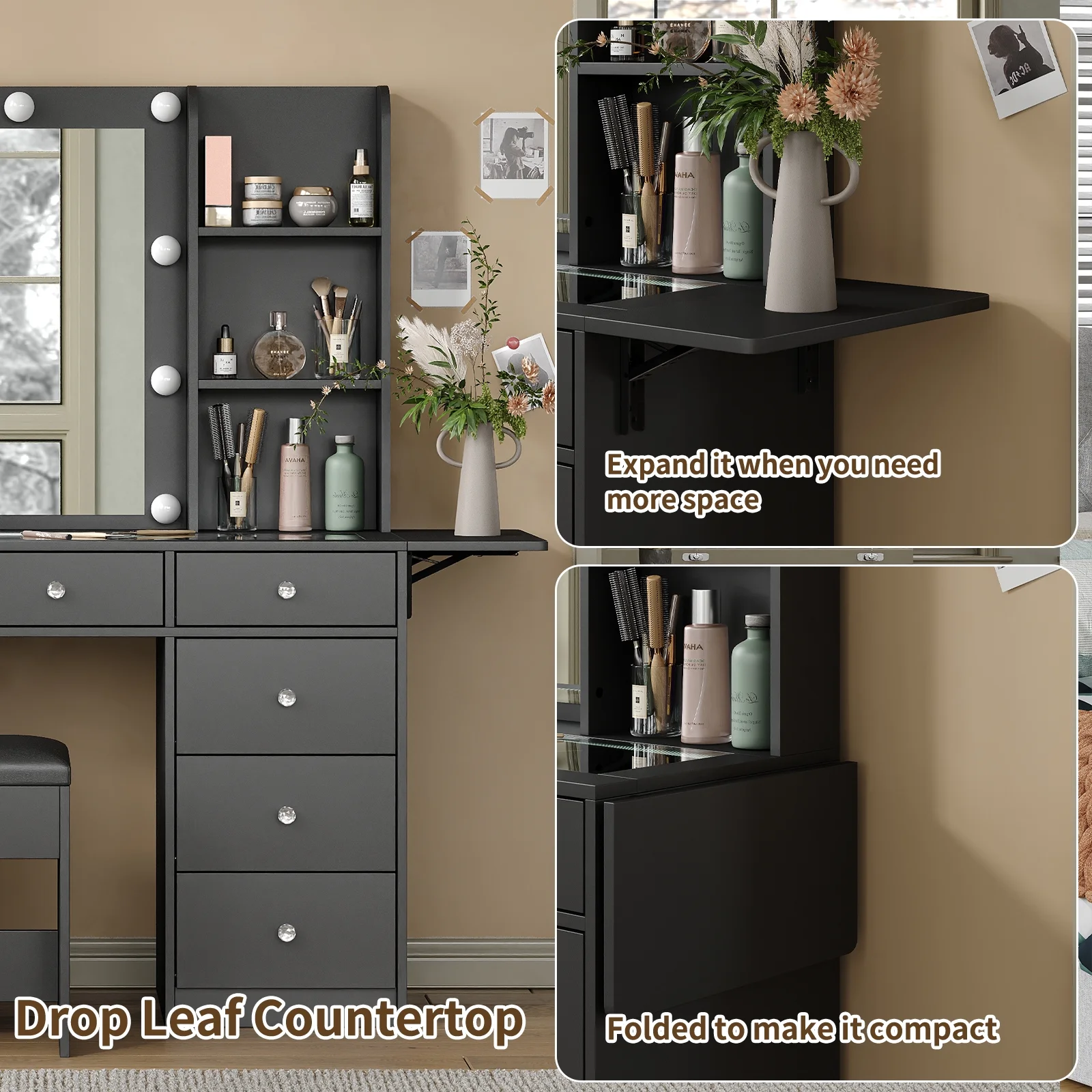 Vanity With Power Outlet, Vanity Desk With Mirror And 10 LED Lights, 10 Drawers Makeup Vanity With 6 Shelves, Fold-Up Panel, Vanity Table With Chair For Bedroom - Image 3
