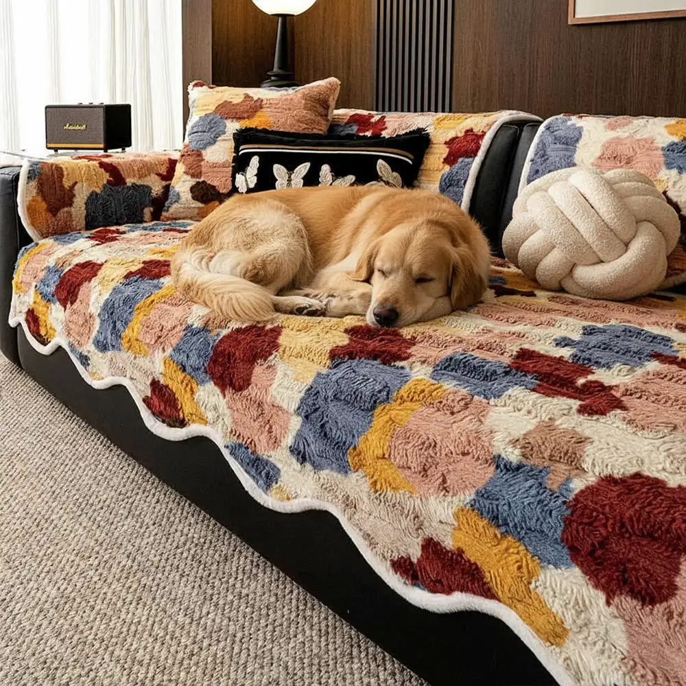 Stylish Color-Blocked Faux Rabbit Fur Soft Non-Slip Irregularly Shaped Couch Cover