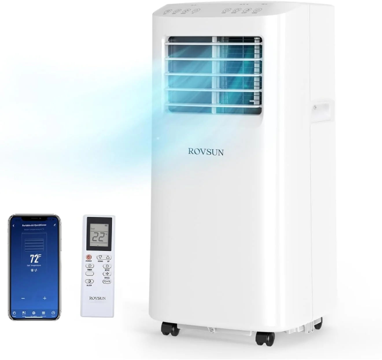 Climatiseur portable intelligent ROVSUN 8000 BTU avec Wi-Fi, télécommande et application de contrôle, 3 en 1 (refroidisseur, déshumidificateur et ventilateur), puissant climatiseur mobile avec roulettes et kit d'installation facile