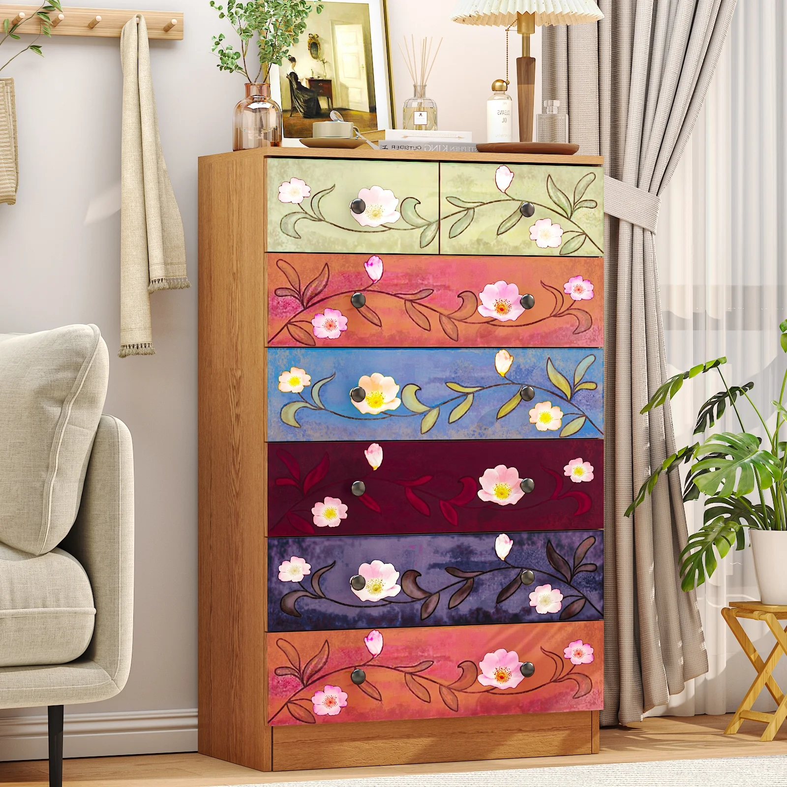 Wood 6 Drawer Dresser Organizer for Bedroom Storage Tower for Entryway Hallway Closet, Tall Chest Organizer Unit with Wood Bins, Floral Painted Wooden(Brown 5 Layer 6 Drawers) Image 10
