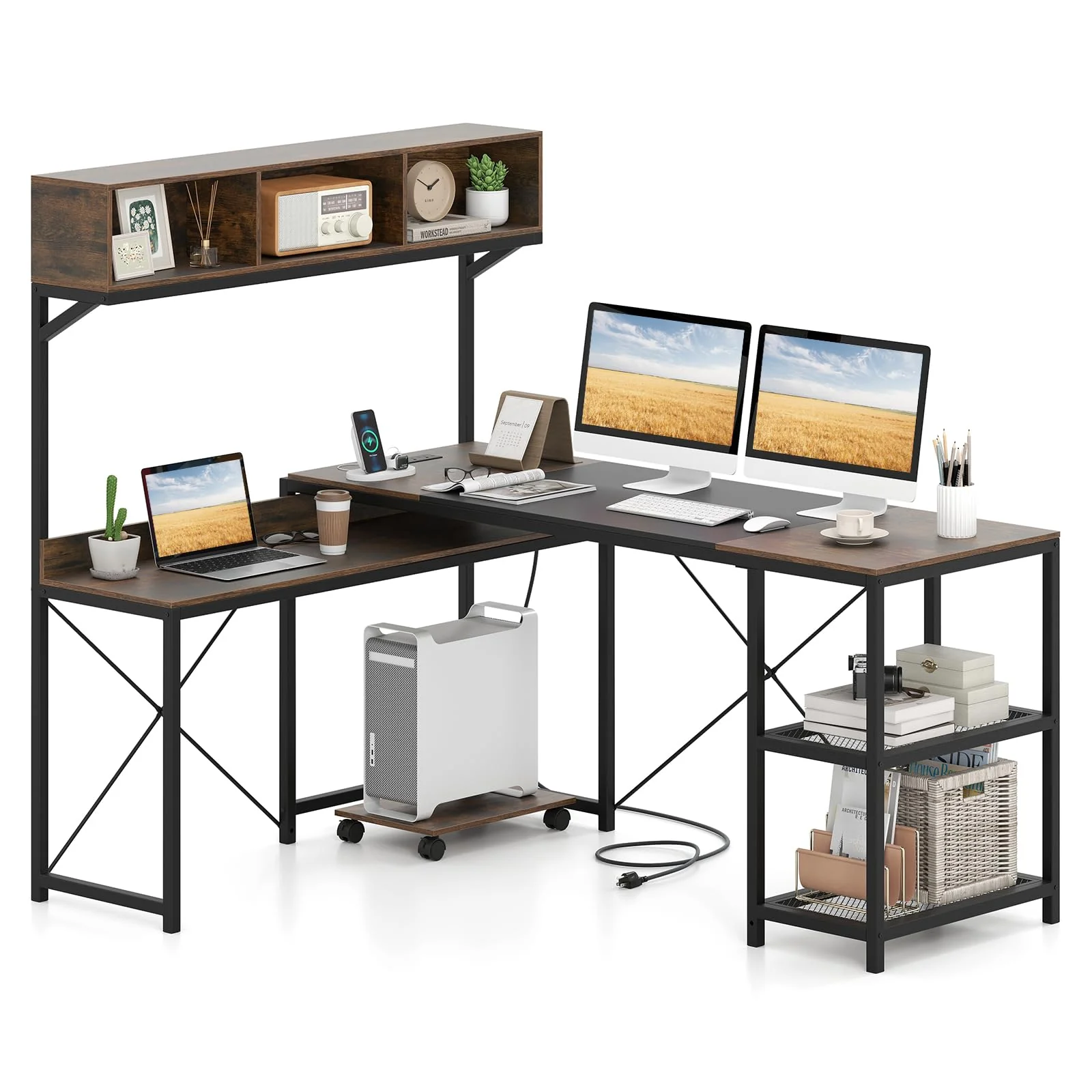 Tangkula L-Shaped Computer Desk with Power Outlets