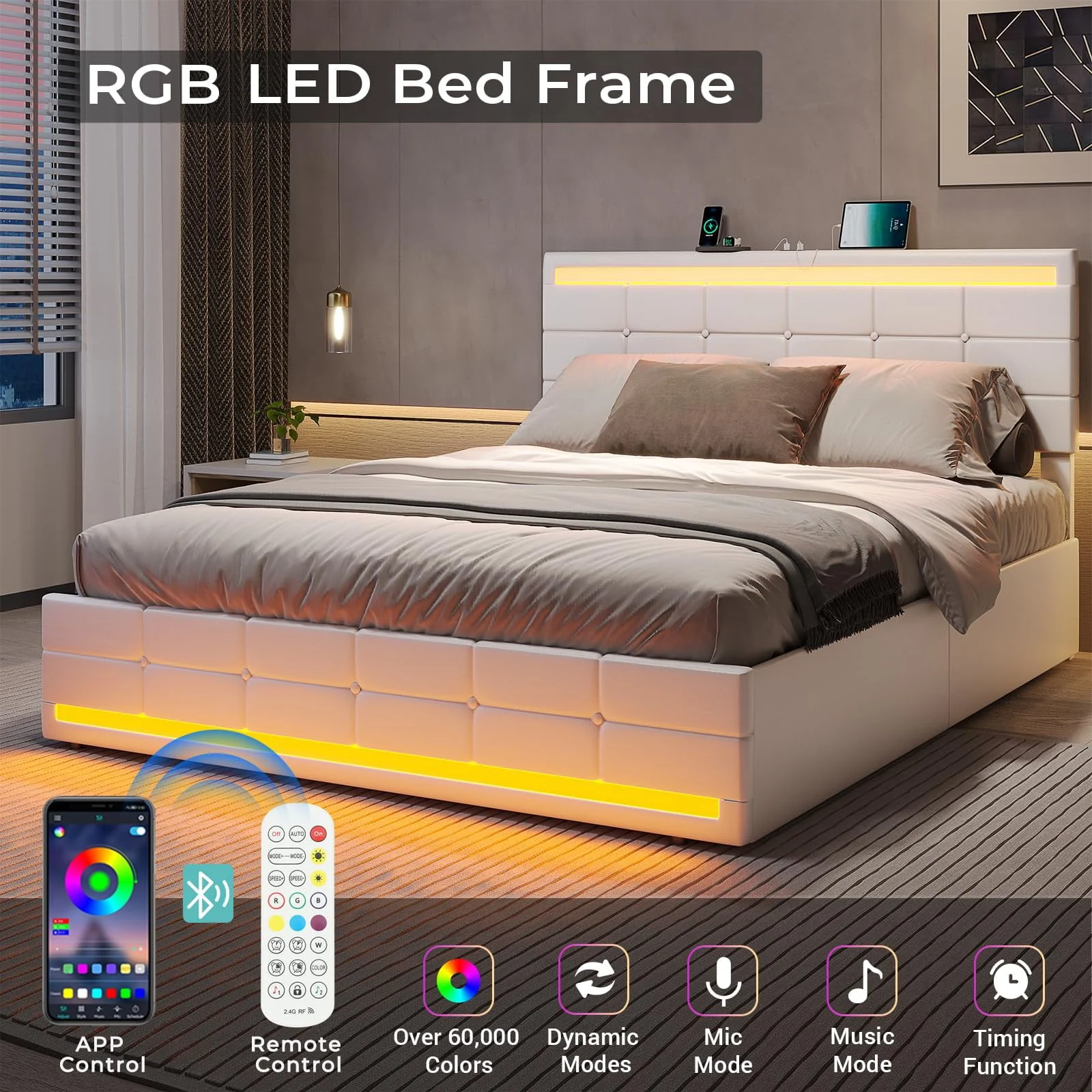 Queen Platform Bed Frame with 4 Drawers Storage and Headboard, Pu Leather Upholstered LED Bed Frame with 2 USB Charging Station Wood Slat Support,White(Queen Size/Black) Image 3