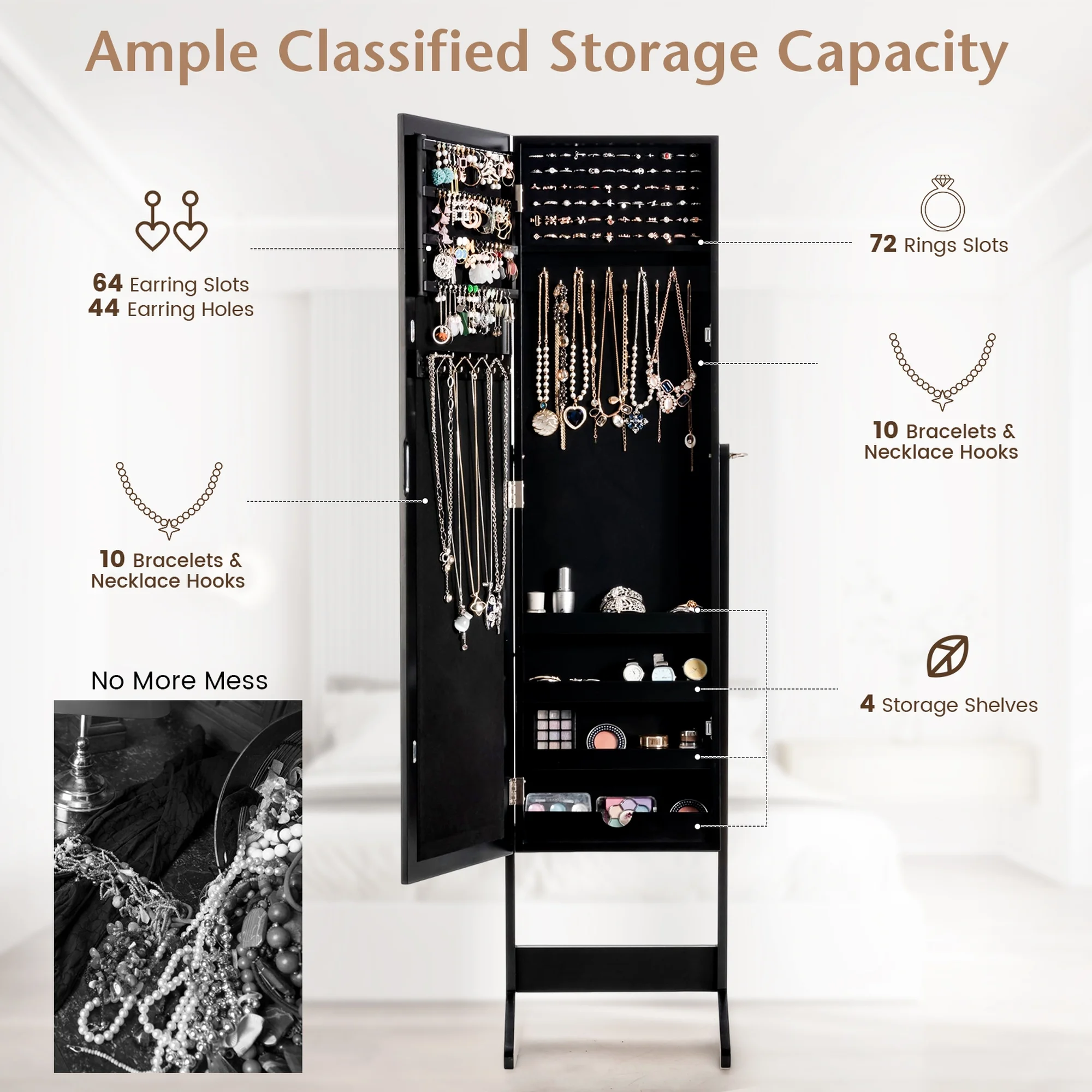 Jewelry Mirrored Cabinet Armoire Organizer Storage Box w/ Stand Christmas Gift(Black) - Image 10
