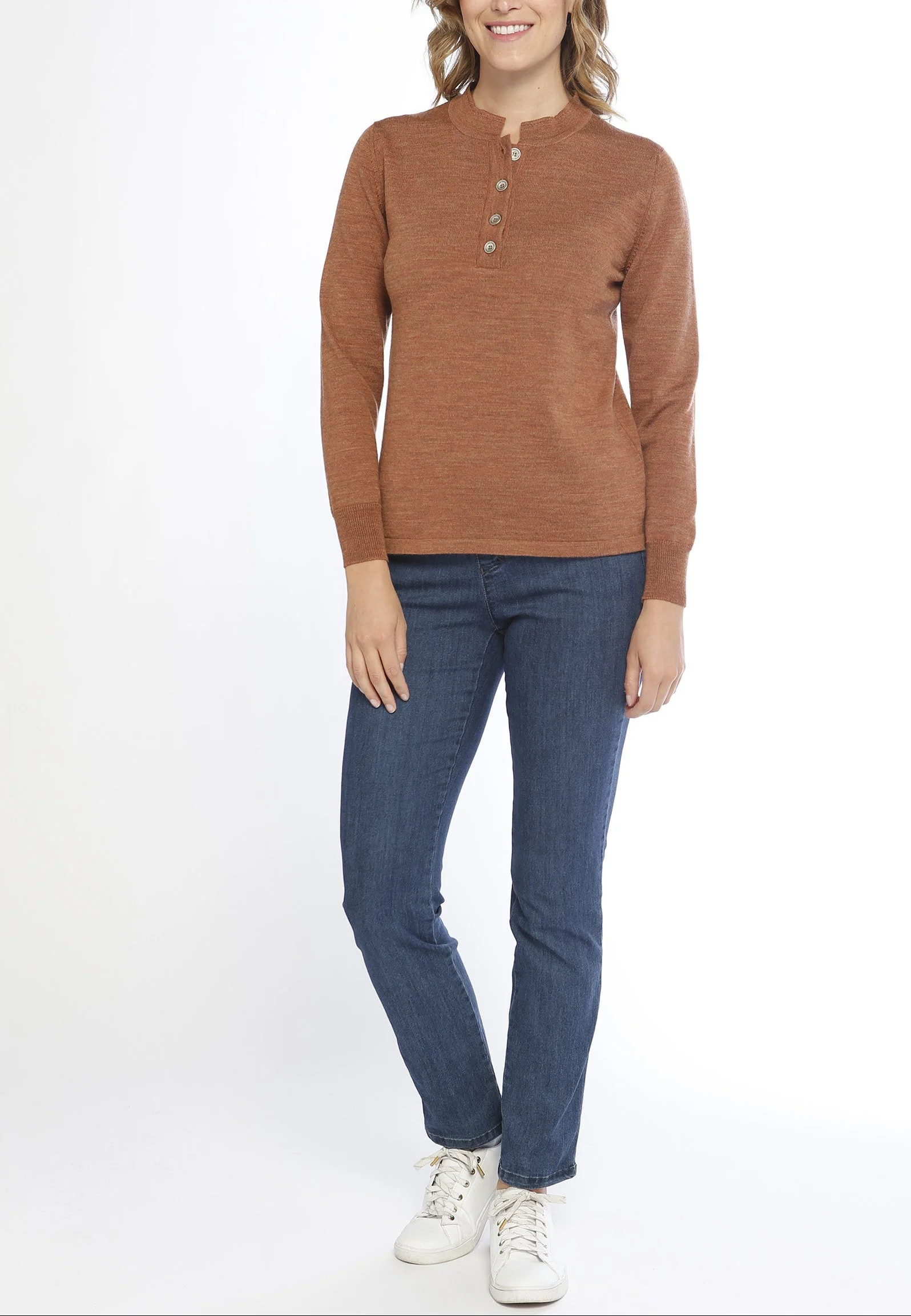 Pull laine fine mérinos femme col montant - MARRON CUIR