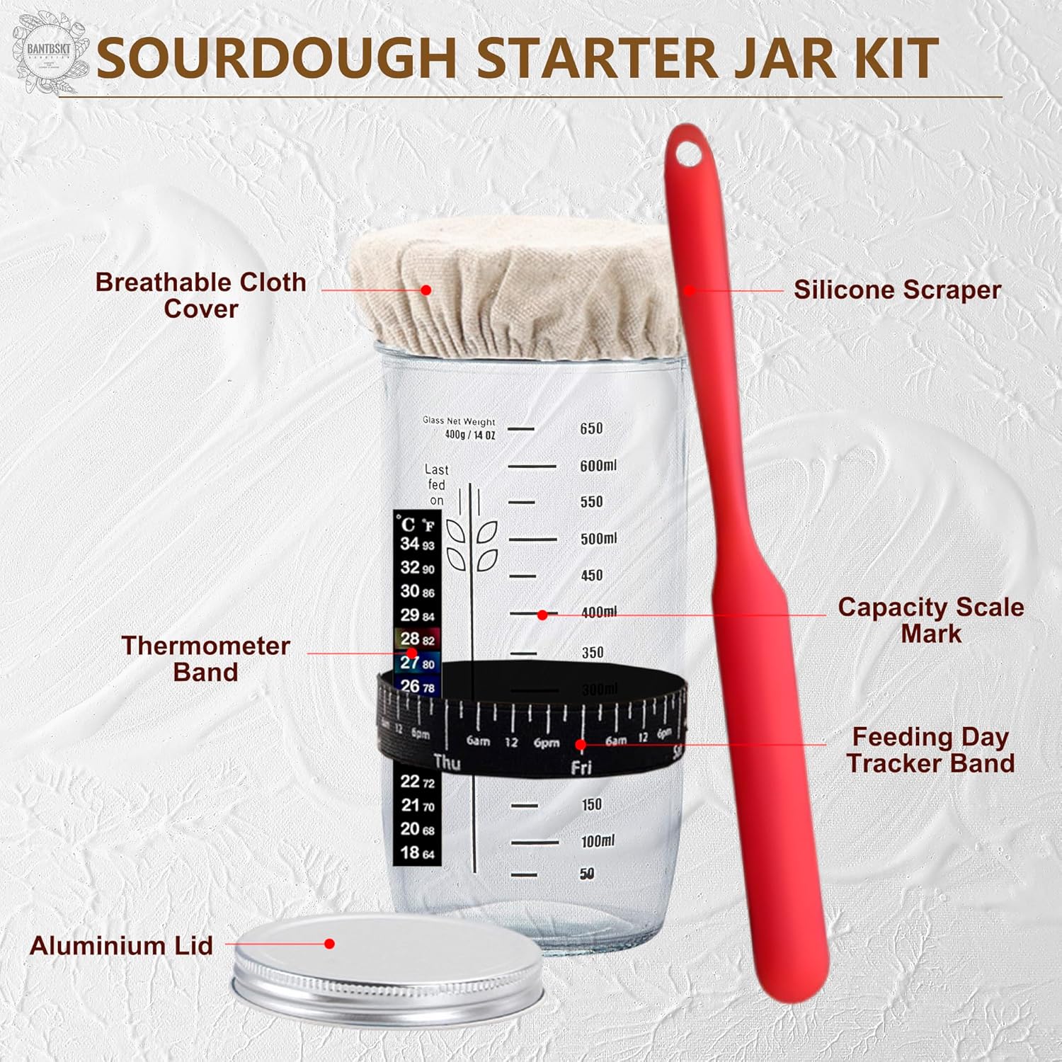 Complete Sourdough Starter Kit, Sourdough Bread Baking Supplies, Banneton Bread Proofing Basket with Sourdough Starter Jar, 9-inch Round Bread Proofing Basket, for Bread Baking