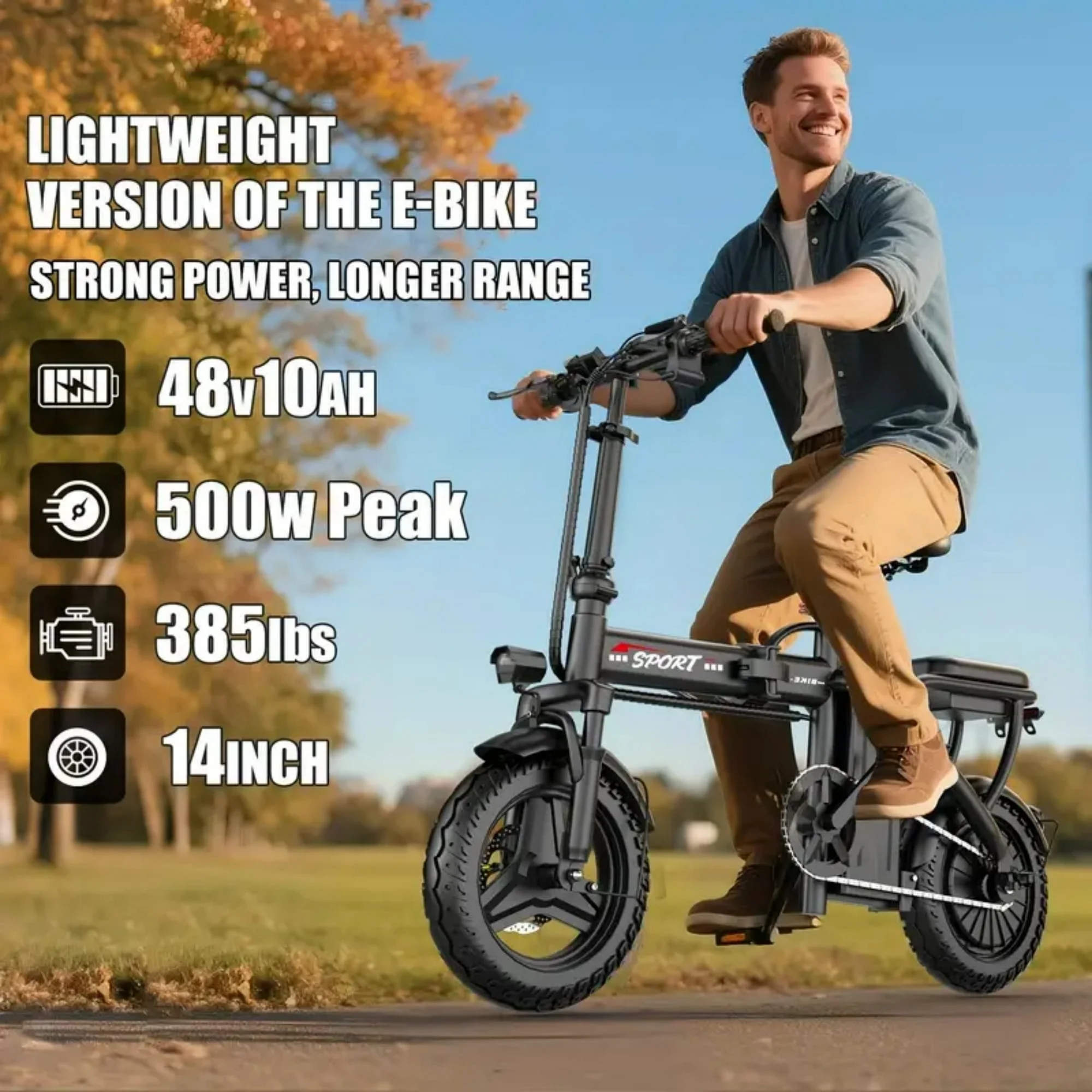 14" Electric Bike with Dual Front Suspension��500W Folding Ebike, Up to 25Miles 20MPH, 48V Removable Lithium-Battery, Stylish 14" Foldable Commuting Electric Bicycle for Women Men - Image 5