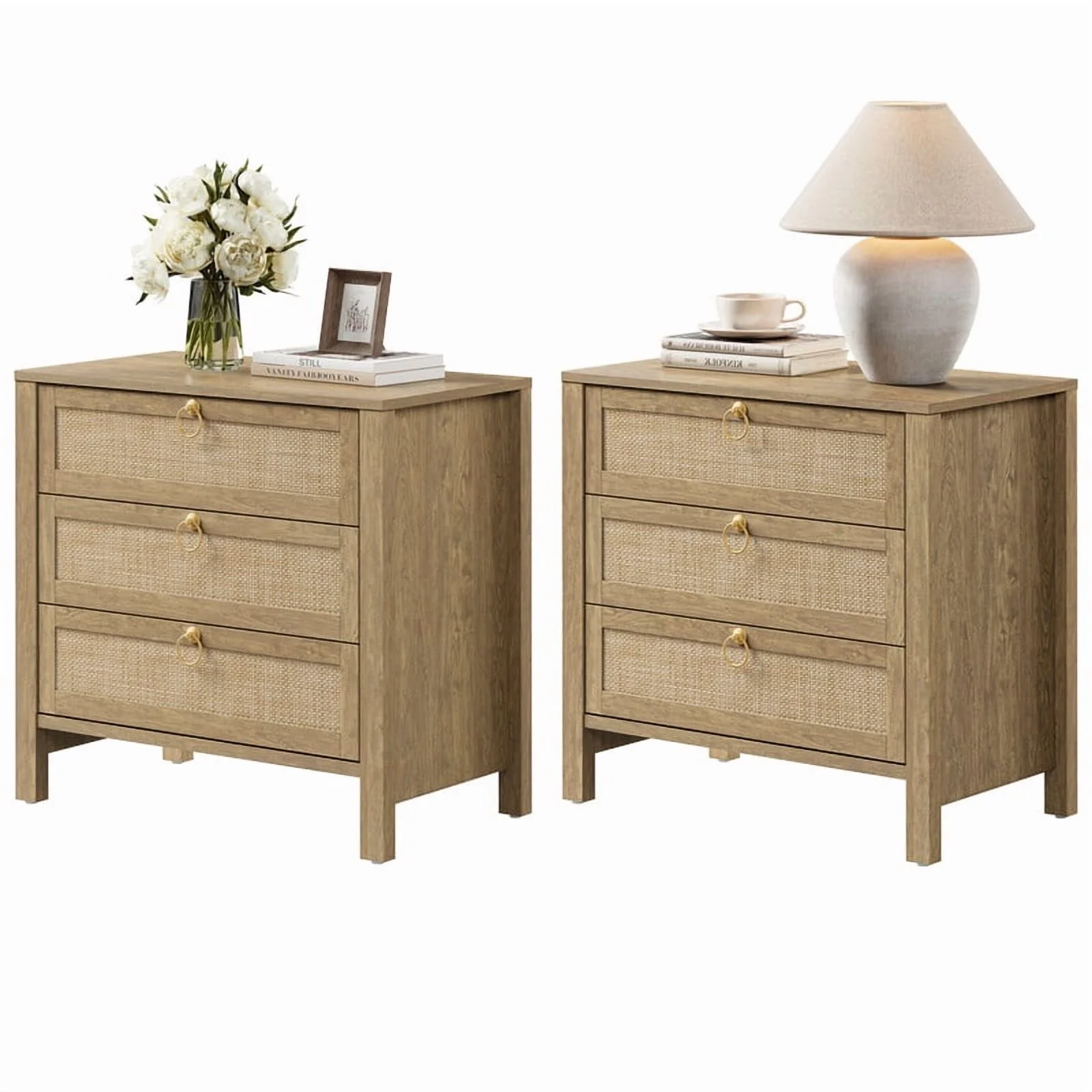 Oak Boho 3-Drawer Nightstand Set of 2 Extra Wide Storage Night Stand with Gold Handles LargeTall Bed Side Table for Bedroom Living Room Enterway(Cherry Oak/Single) - Image 8