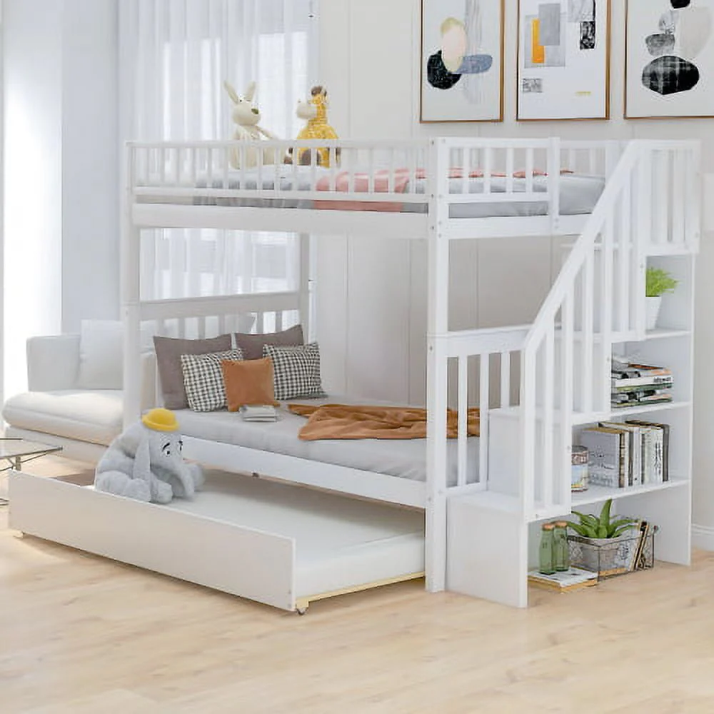 Twin Over Twin Bunk Bed with Trundle and Storage Space, Convertible 3 Separate Beds Bunk Bed Frame with Full Length Guardrails and Storage Staircase, Solid Woodentwin Bunk Bed for Girls, Boys, White