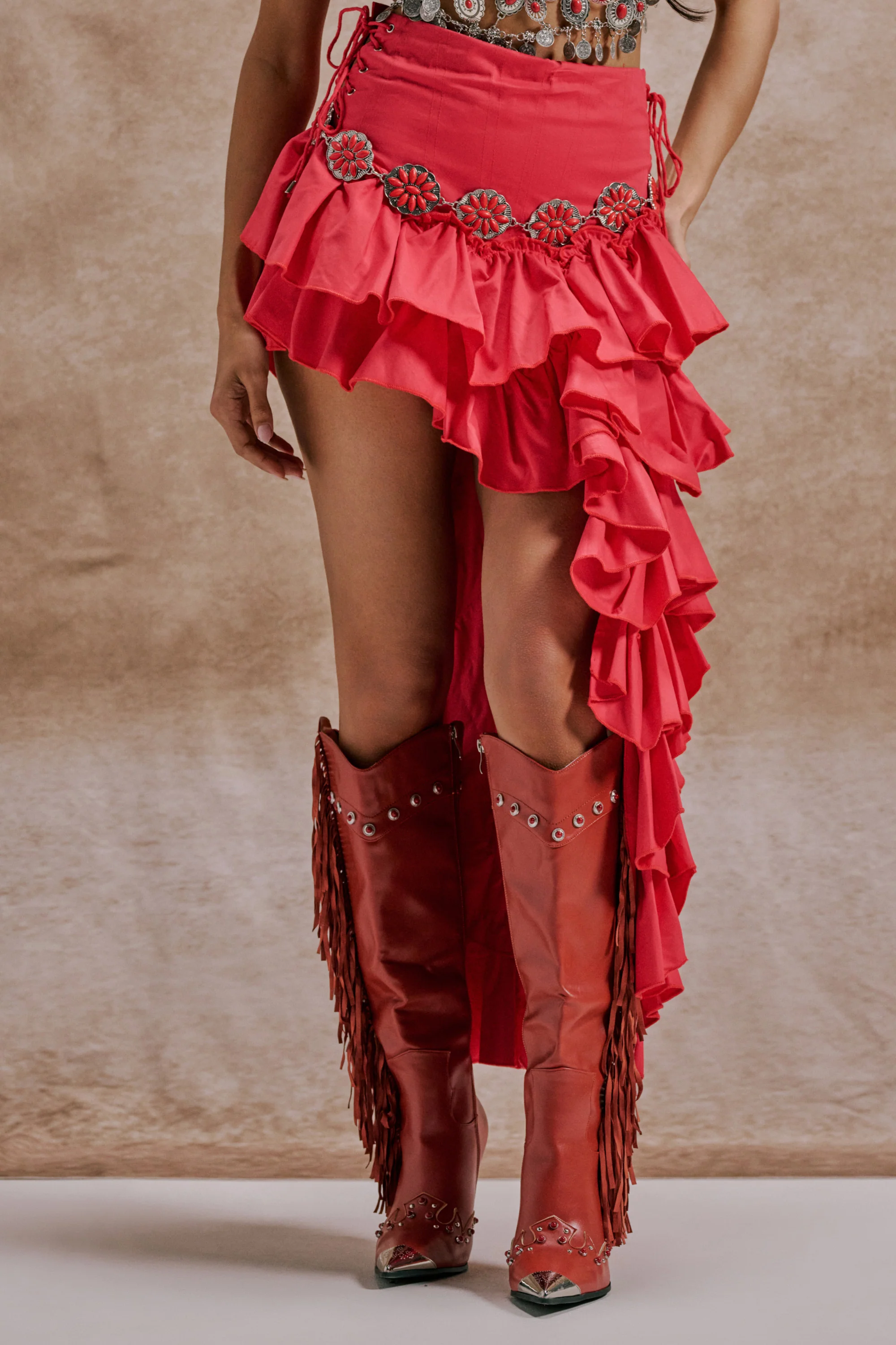CLAIRE HIGH LOW RUFFLE SKIRT IN RED - Akira Store