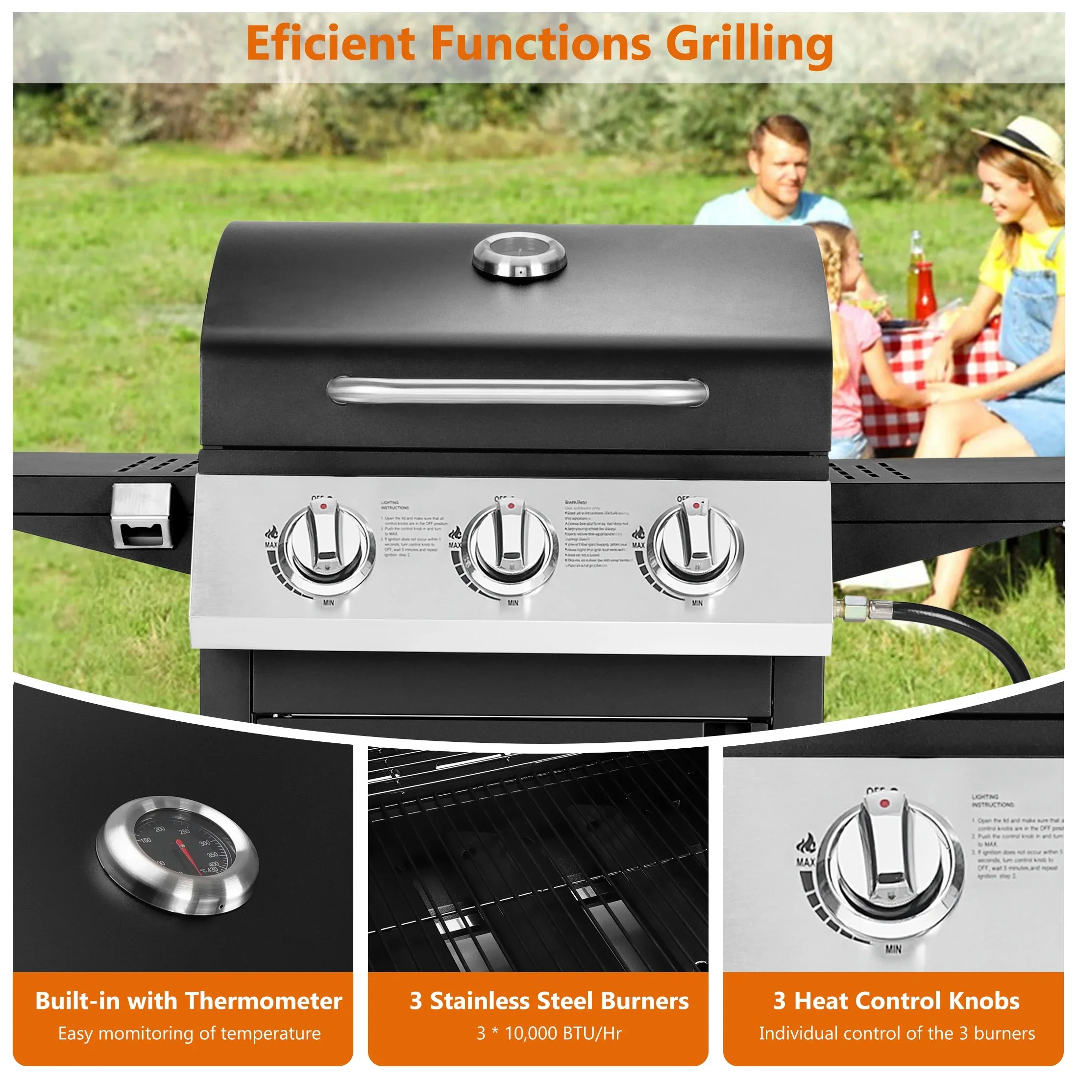 SEGMART 4 Burner BBQ Propane Gas Grill, Stainless Steel 40,000 BTU Patio Garden Barbecue Grill with Folding Side Tables, Cleaning Brush & Thermometer, Perfect for Camping, Outdoor Cooking