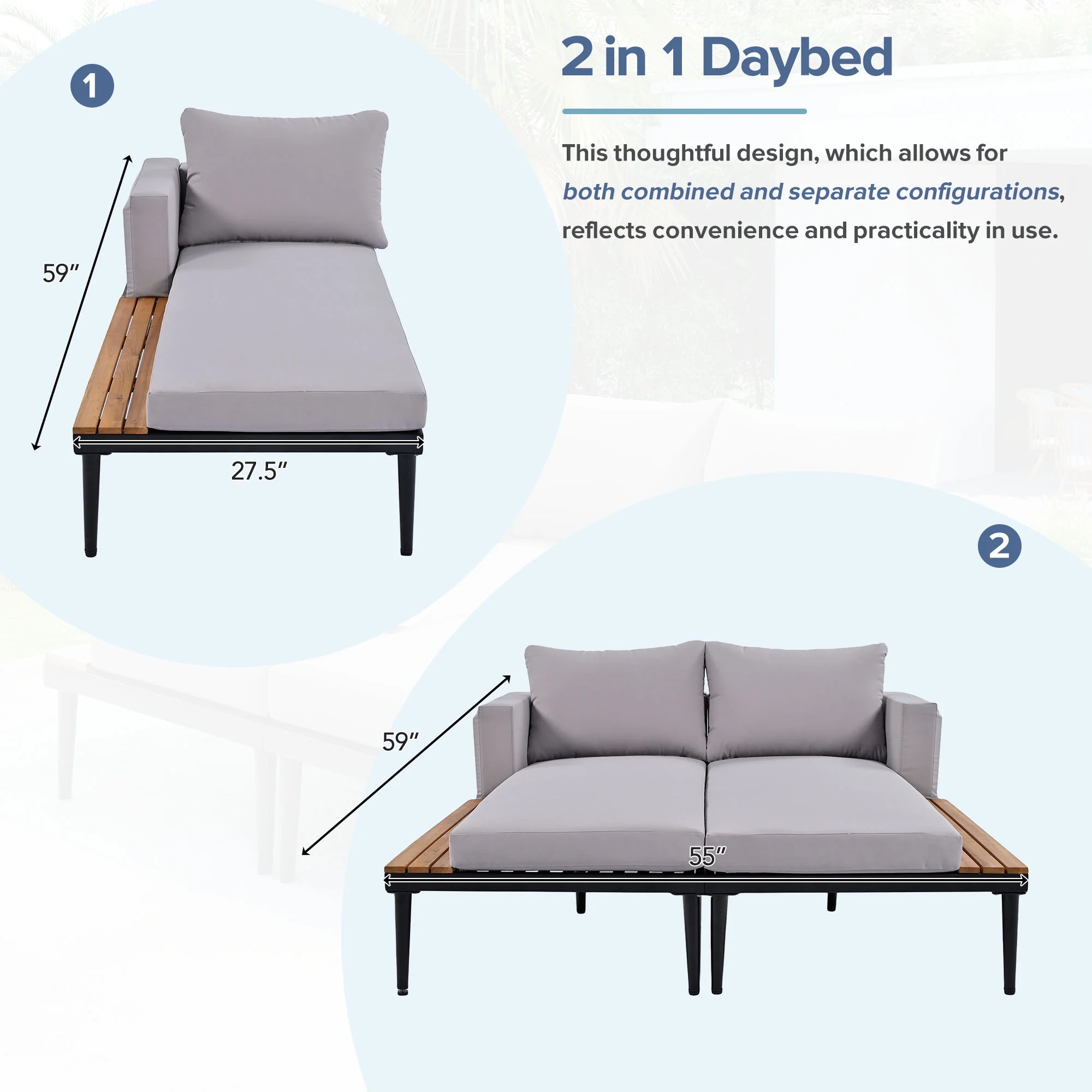 Patio Outdoor Metal Daybed for 2, All Weather Outdoor Chaise Lounges Reclining Chairs with Wood Topped Side Spaces for Drinks for Poolside Balcony Deck, Gray(Gray) - Image 5