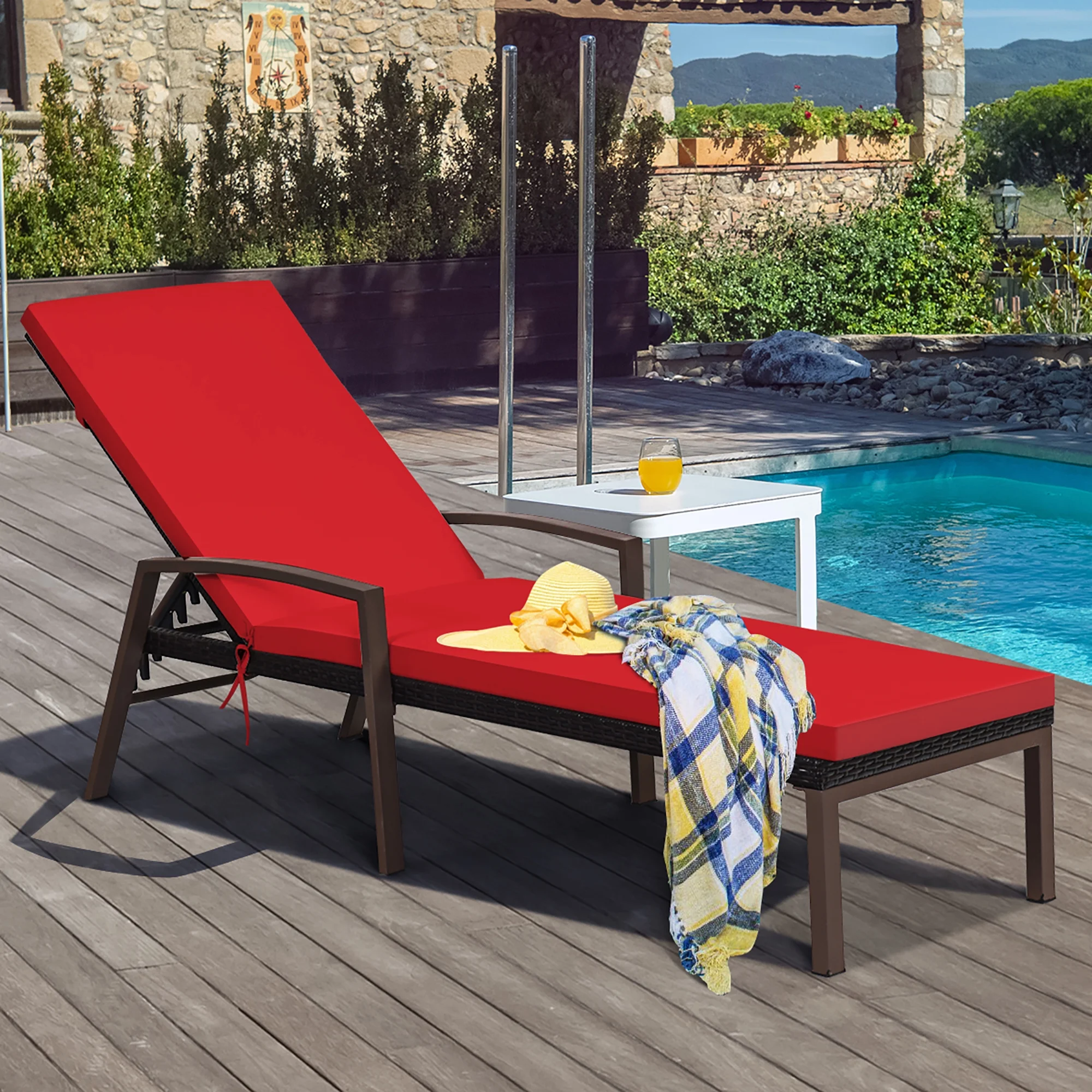 2PCS Patio Rattan Lounge Chair Chaise Recliner Back Adjustable Cushioned Red(Red) - Image 6