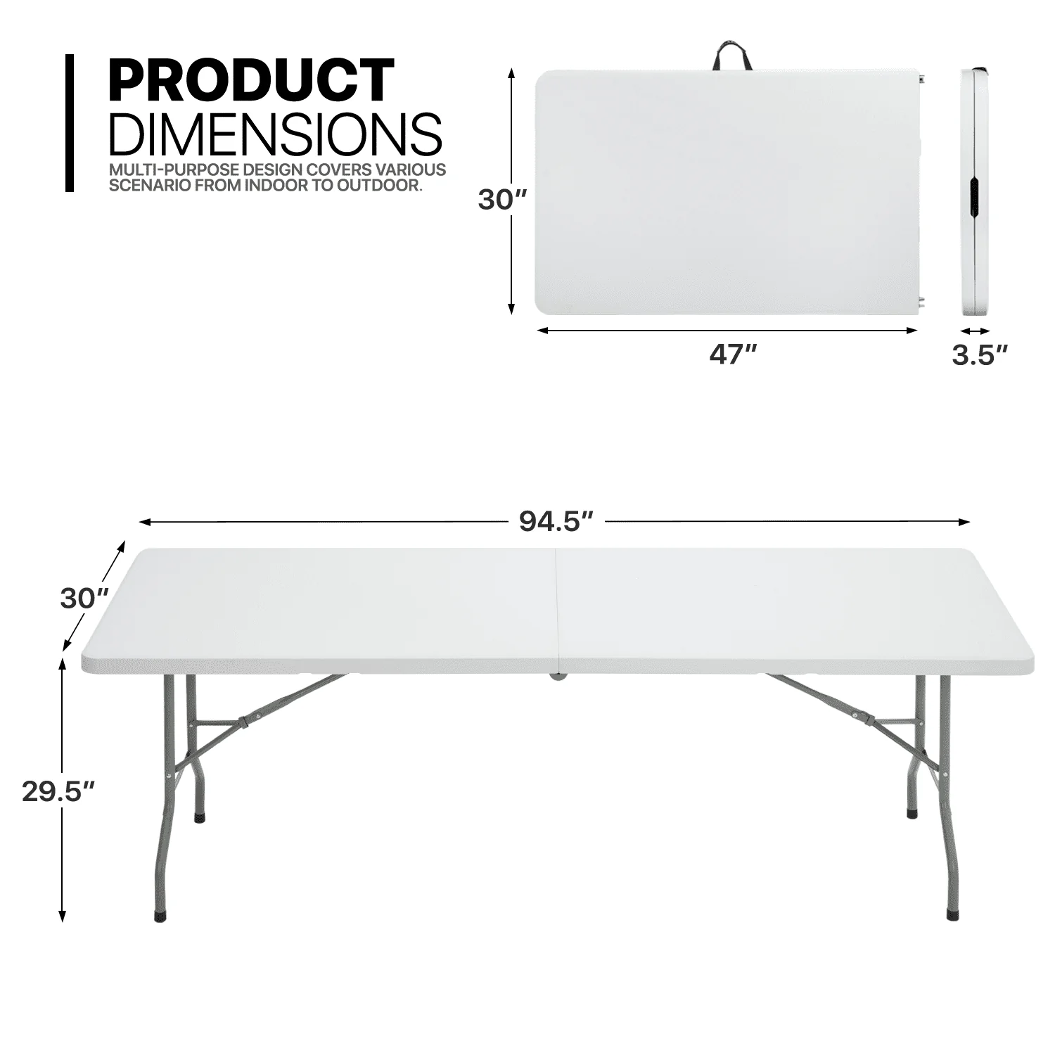 11 Pieces 8 Ft Heavy Duty Folding Utility Table and Chair Set, Rectangle Fold in Half Table Outdoor Picnic Desk with Handle and Foldable Chairs, White/Black - Image 2