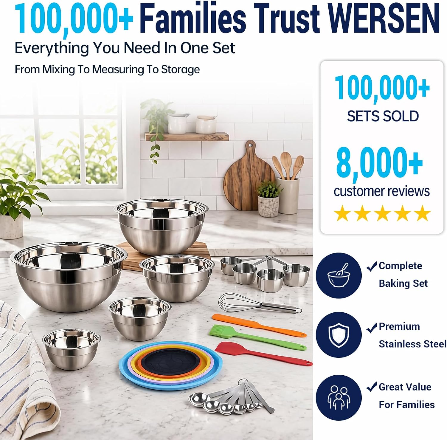 WEPSEN Mixing Bowls with Lid Set, 25PCS Kitchen Utensils Metal Bowl Stainless Steel Nesting Bowls, Measuring Cups and Spoons, Egg Whisk for Baking, Preparing, Cooking, Serving Supplies