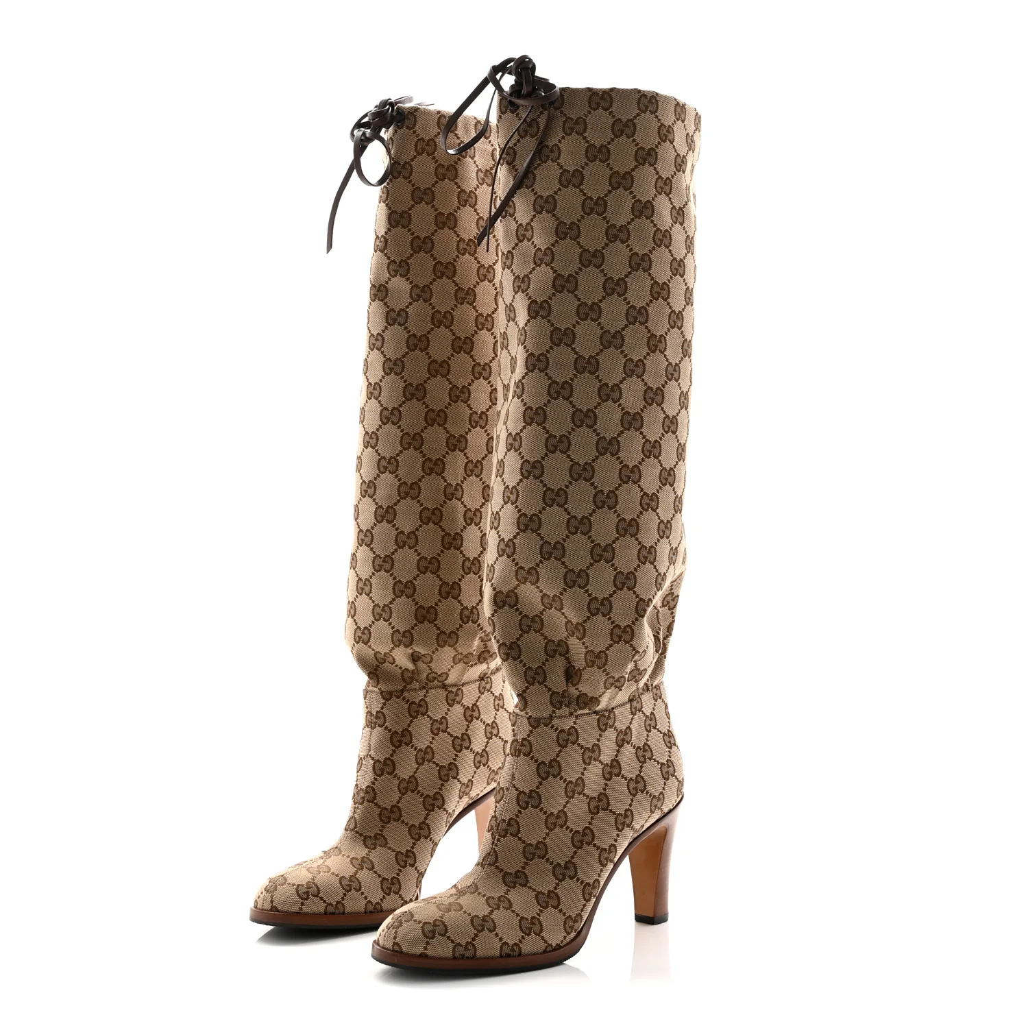 Monogram Malaga Kid Lisa Mid Heel Boots 37 Beige Ebony