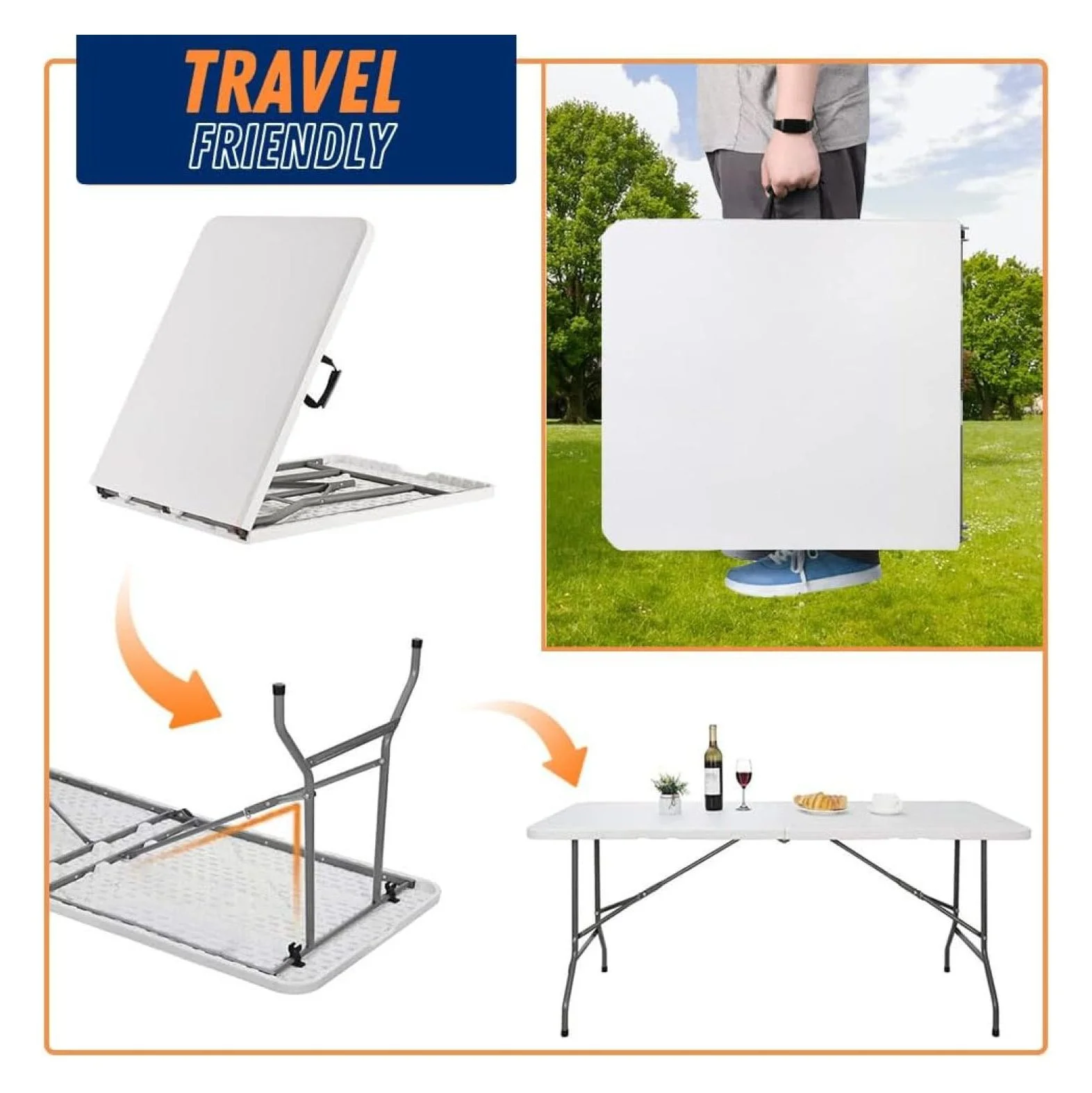 8FT Folding Table Indoor Outdoor Heavy Duty Portable Folding Plastic Dining Table w/Handle, Lock for Picnic, Party, Camping White (4ft, 6ft, 8ft) (8ft) - Image 6