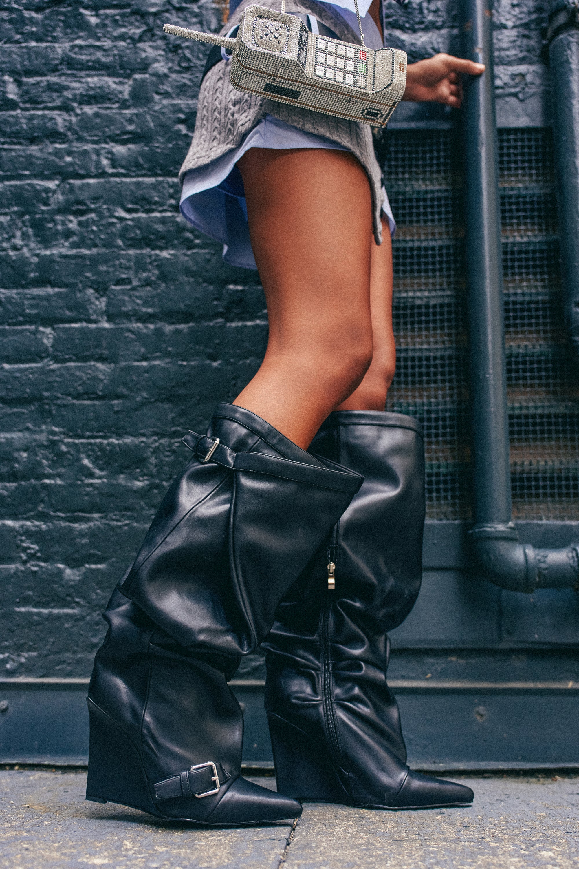 AZALEA WANG ARACELI BLACK BELTED DETAIL WEDGE BOOT - Akira Store