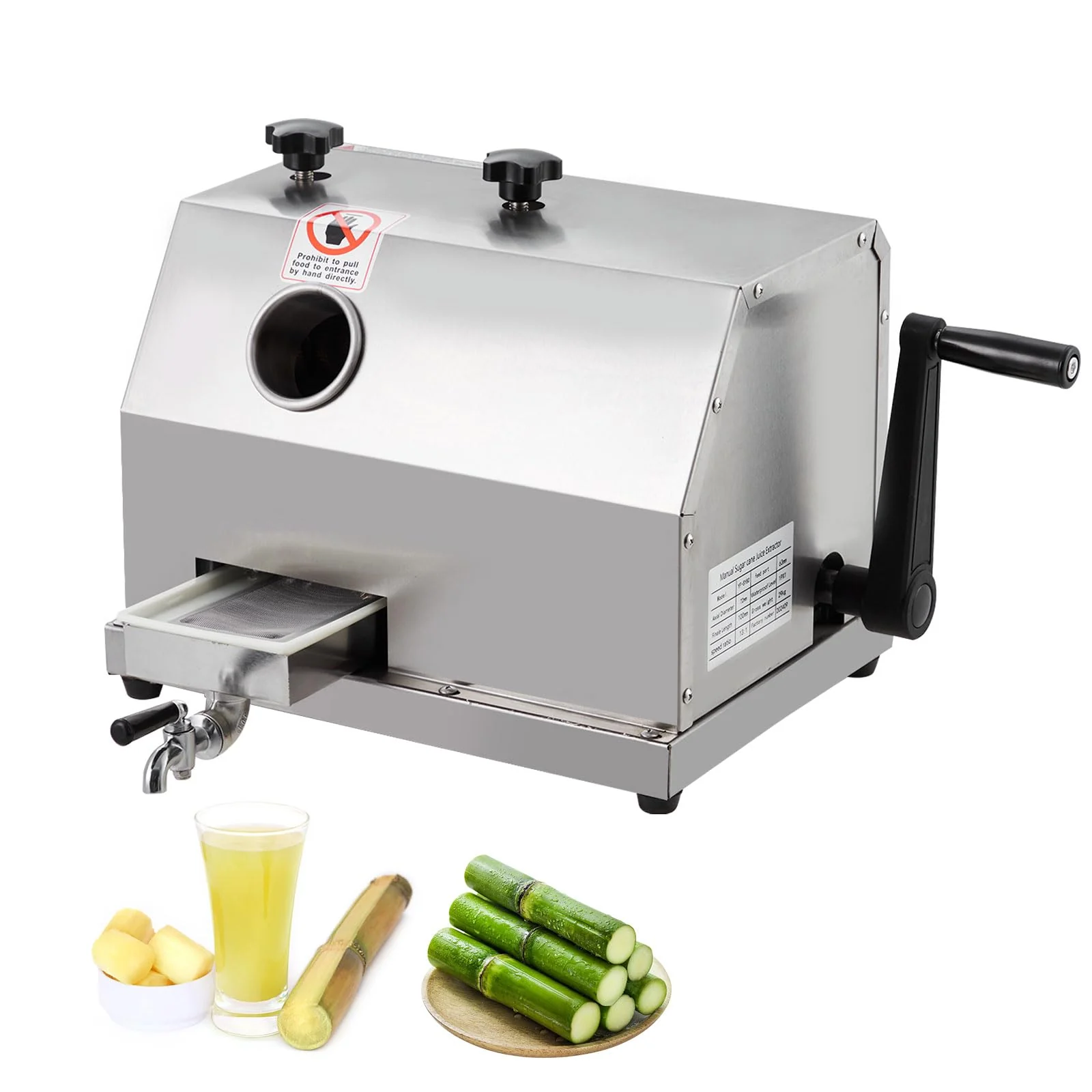 Presse-agrumes manuelle pour canne à sucre, avec 3 tambours en acier inoxydable et une large ouverture de 6 cm (2,4 pouces), débit de 50 kg/h (110 lb/h), convient à un usage domestique ou commercial.