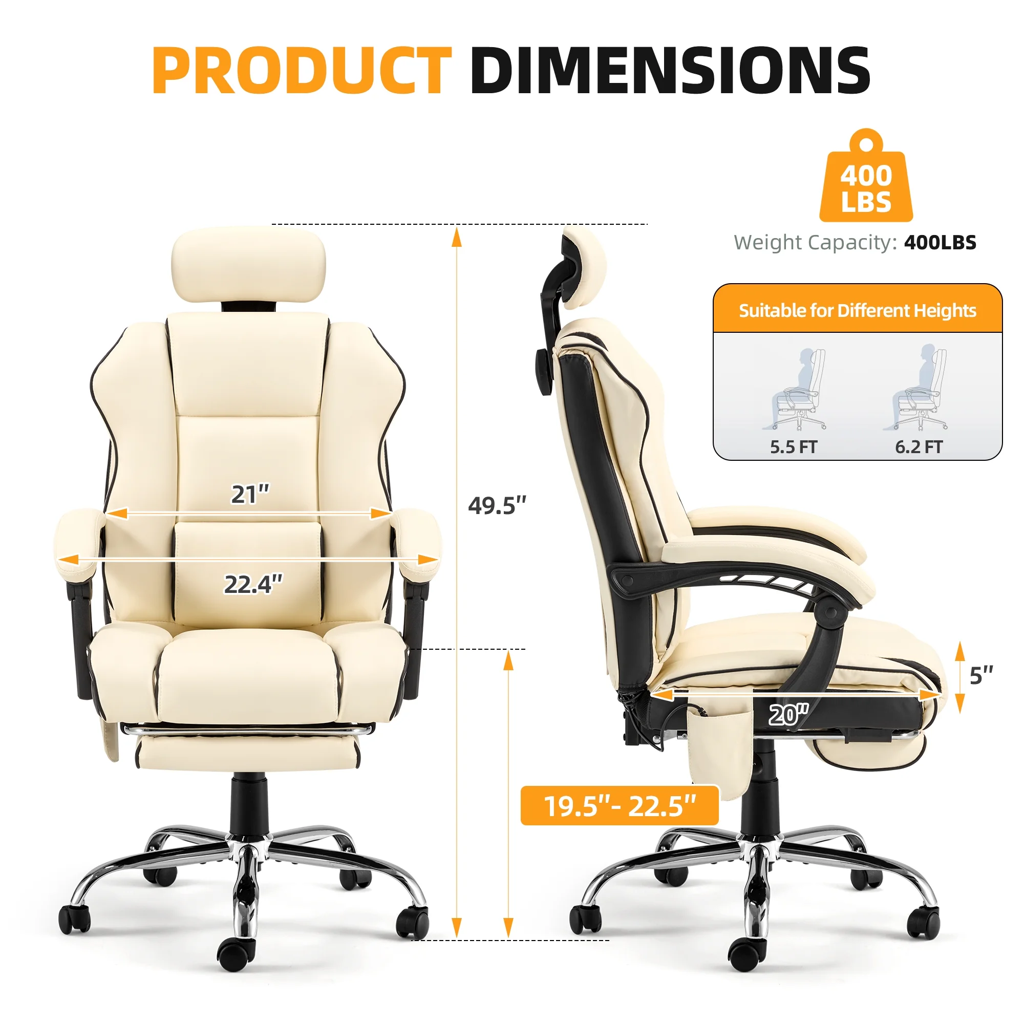 HOMREST 6 - Point Massage Office Chair with Footrest, Heated Executive Office Chair with Reclining Backrest, Ergonomic Gaming Chair with Padded Armrest, Off - White