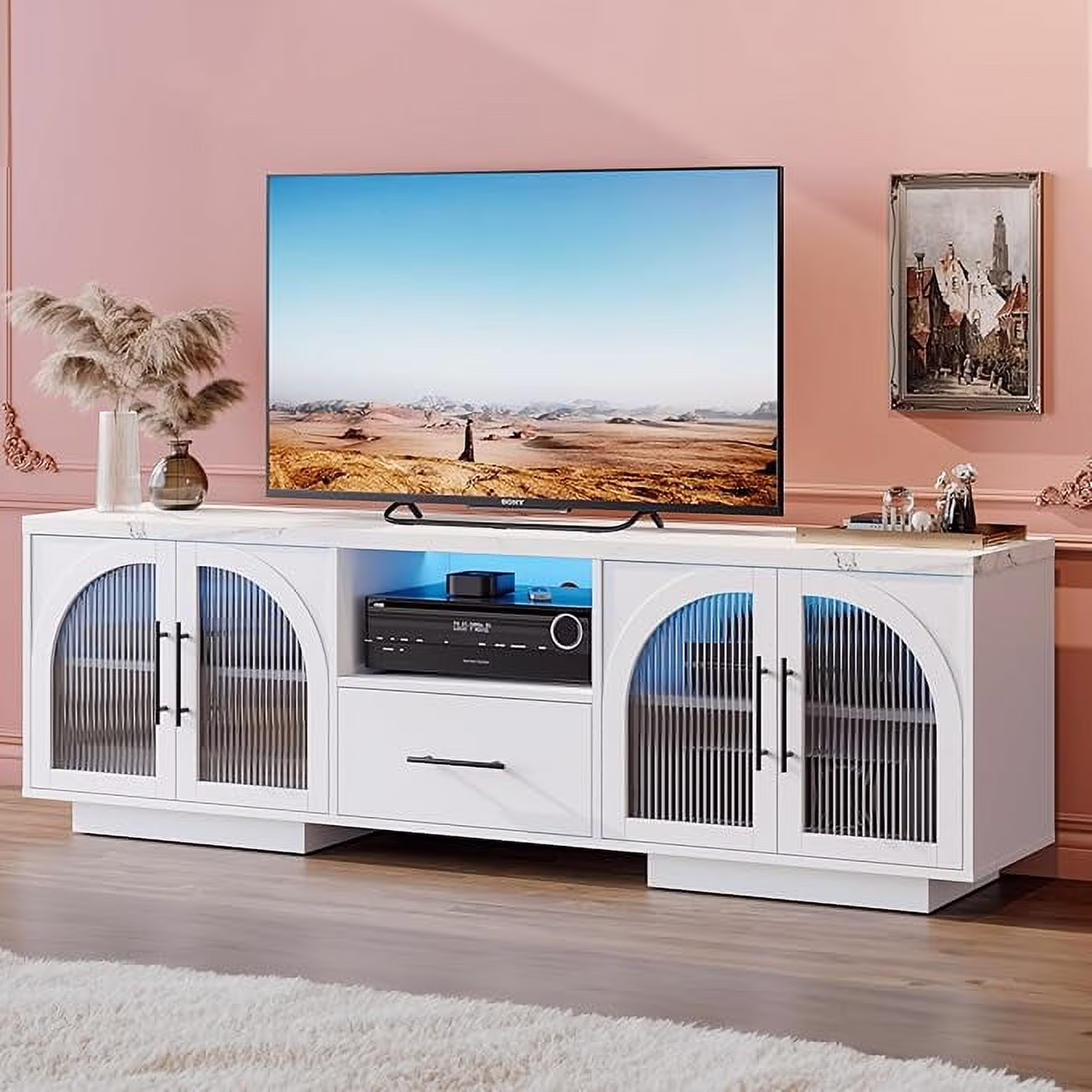 TV Stand for 75 inch TV, LED TV Stand for Living Room,70" Entertainment Center with Arched Glass Doors, Faux Marble Wood Finish Top, Adjustable Shelves, and LED Lighting, Black(Black) - Image 3