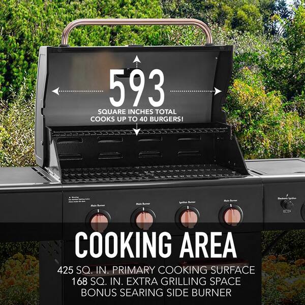 4 Burner Propane Gas Grill with Side Searing Burner in Black with Copper Accent Image 9