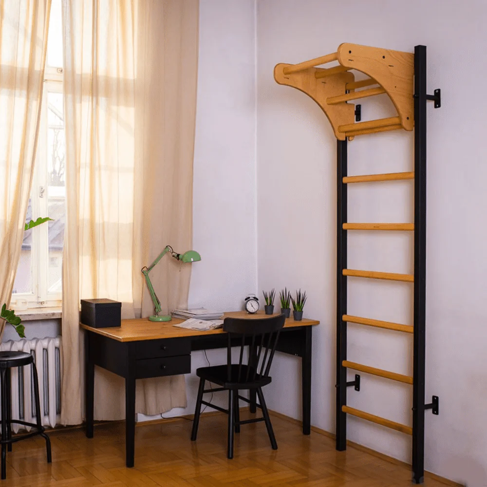 Benchk 211 Black Wall Bars with Adjustable Beech Wood Pull - up Bar