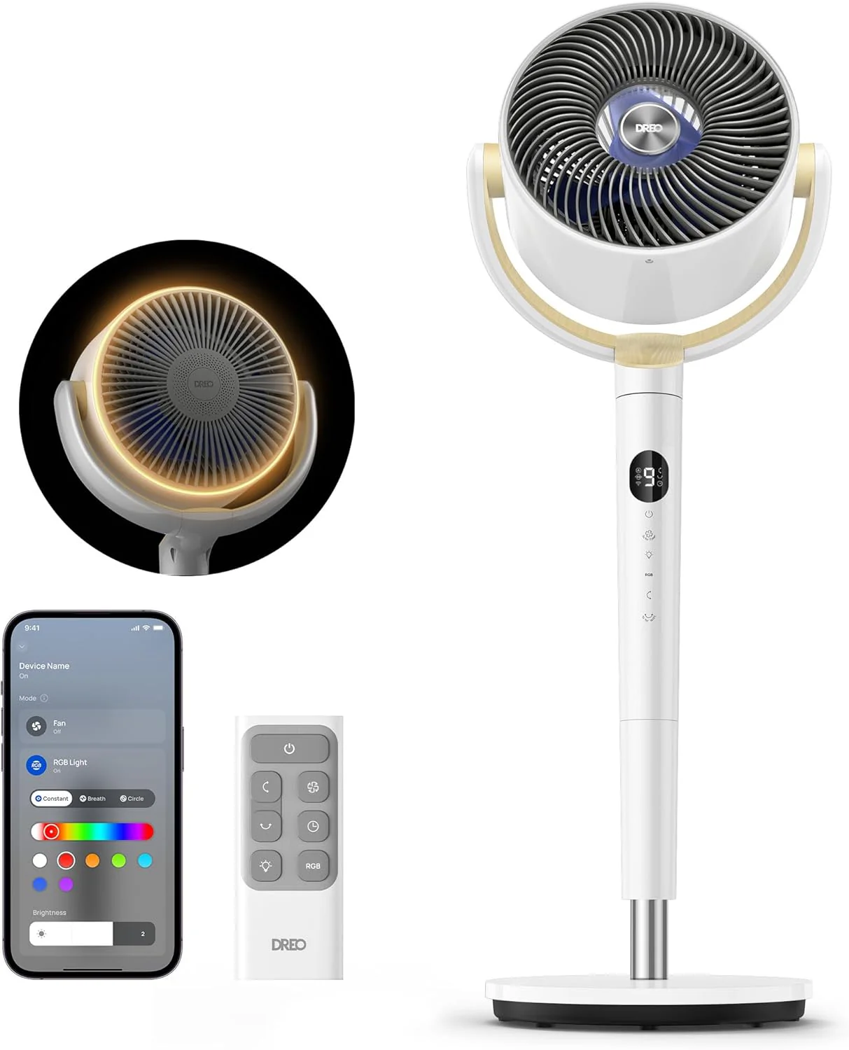 Ventilateur intelligent DREO pour chambre, ventilateur oscillant omnidirectionnel 120° + 120°, ventilateur sur pied silencieux avec éclairage RGB, portée de 30 m, 9 vitesses, 6 modes, 20 dB, minuterie 8 h, Wi-Fi/commande vocale/Alexa, ventilateurs su