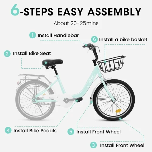 20 Inch Mountain Bicycle with Coaster Brake & V-Brake, 1-Speed, Chain Guard & Rear Rack, Lightweight Steel Frame (Pink, Green, Purple, White)
