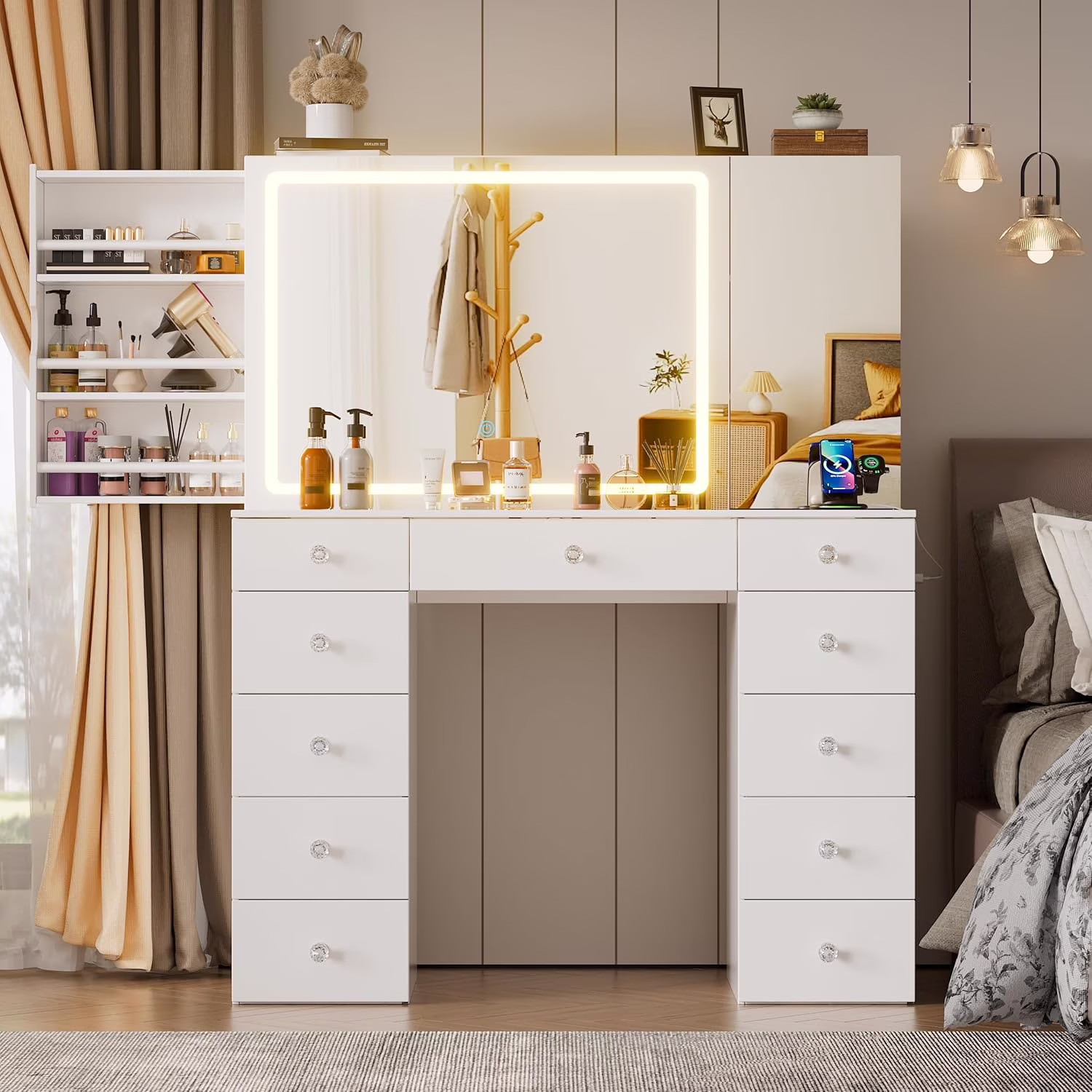 Vanity Set with Lighted Mirror, Large Vanity Desk with Charging Station, Makeup Vanity Table with 11 Drawers Hidden Sliding Storage Cabinet Visible Glass Tabletop for Bedroom (White)(Pink) - Image 3