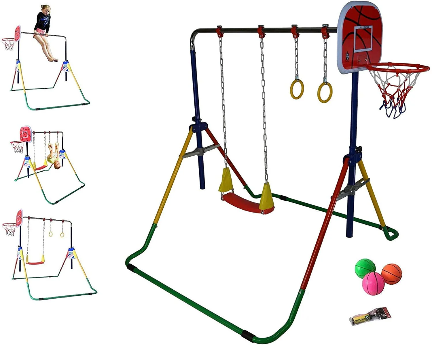 Adjustable Height Gymnastics Bar for Kids Kip Bar 6 in 1 Set, 6'x2' Gymnastic Tumble Mat, Swing Seat, 2 Trapeze Rings, Basketball Hoop, Home Junior Training Monkey Bars Fitness Balance Horizontal Bar Image 6