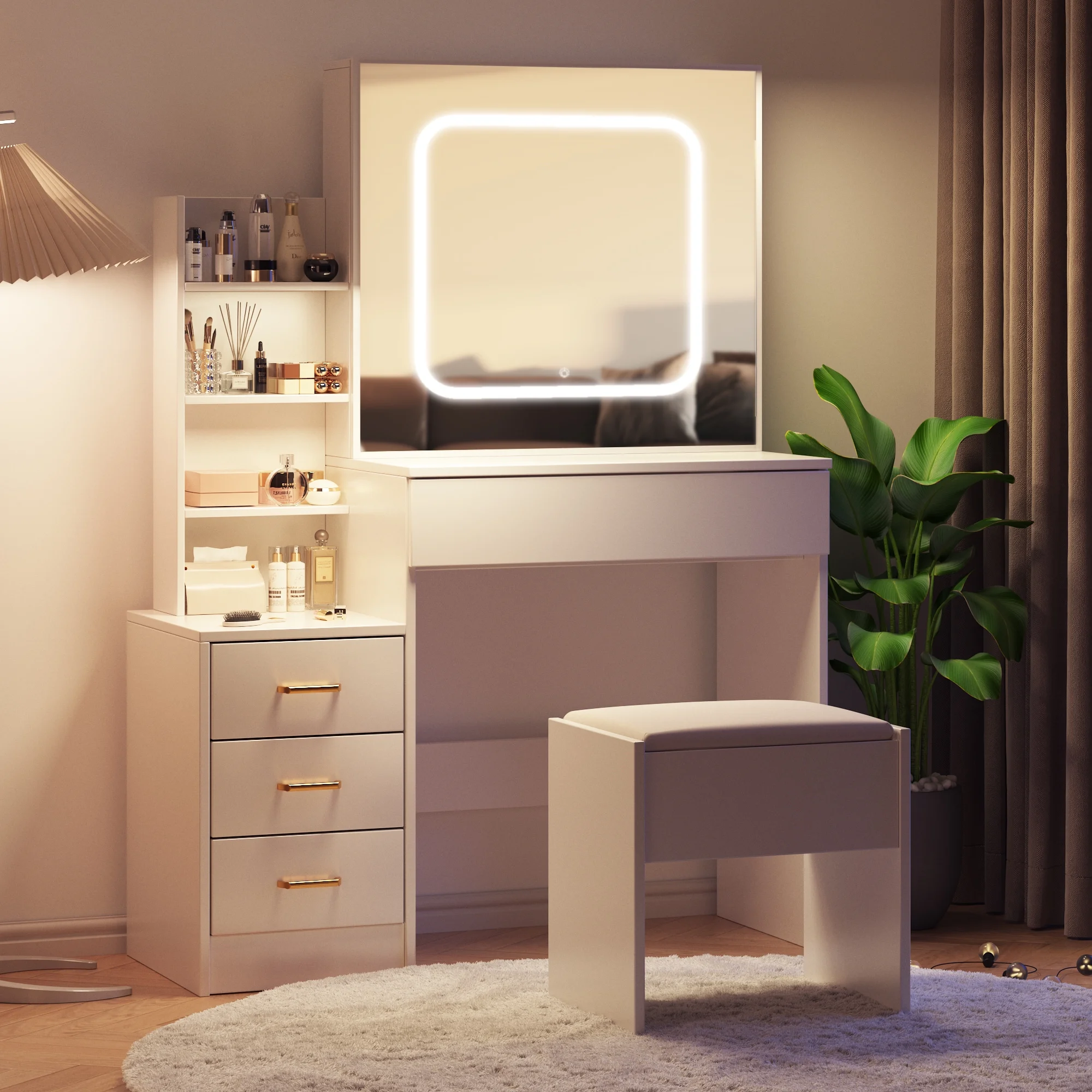 Vanity Desk with Sliding Mirror and Lights, Makeup Vanity Set with 4 Drawers, Stool, Power Outlet, Open Shelves, 3 Color Adjustable Lighting Modes, Makeup Dressing Table for Bedroom, White(White) - Image 10