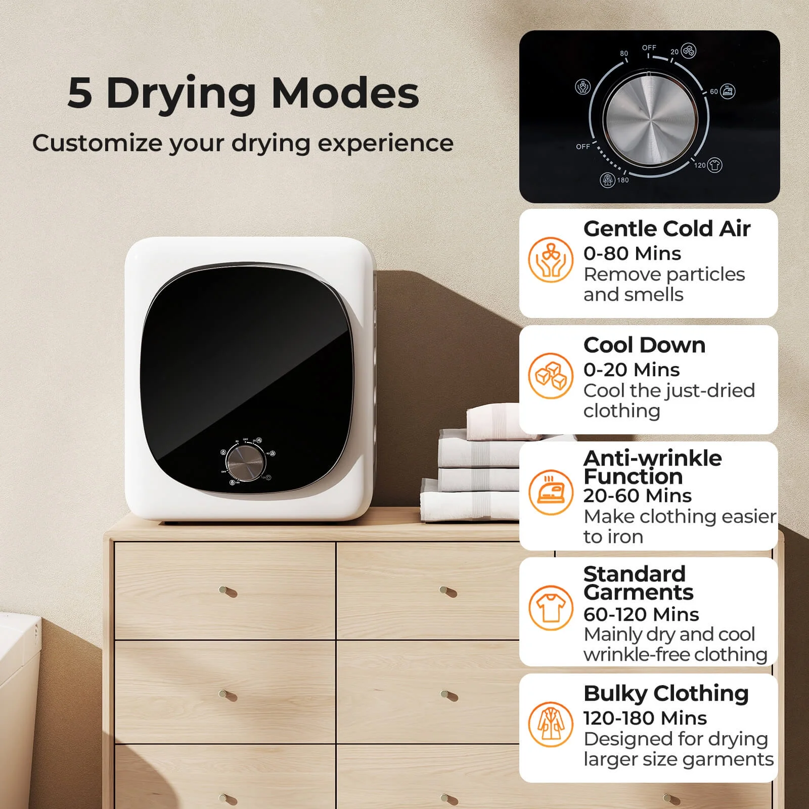 800W Electric 1.5 cu.ft Compact Drying Machine with Stainless Steel Tub 5 Modes - Image 8