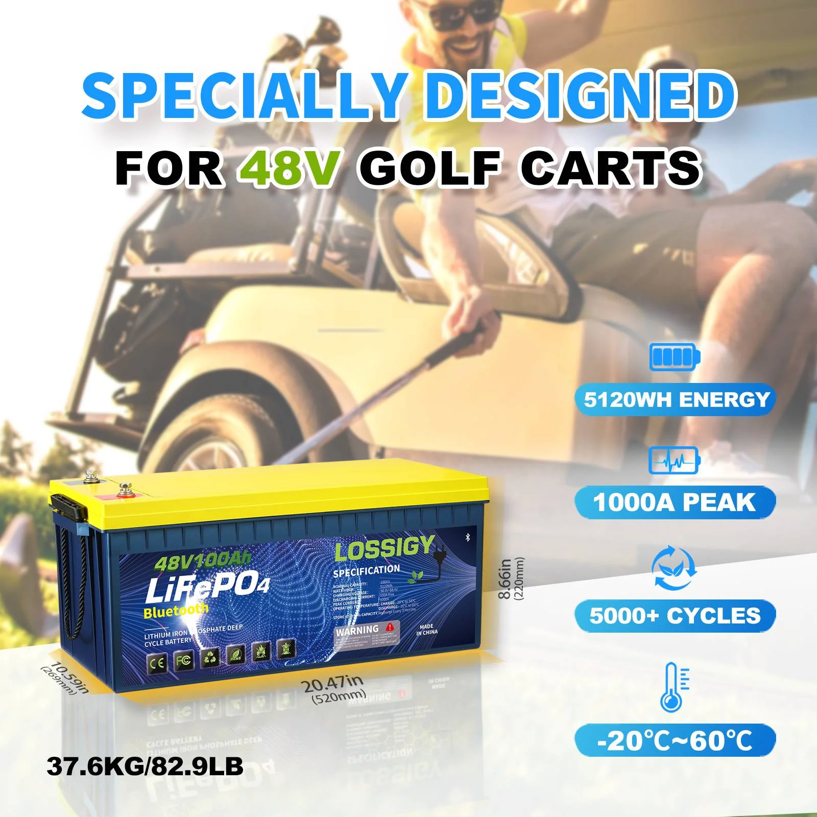 48V 100AH LiFePO4 Lithium Golf Cart Battery with 48V18A Charger, Perfect for Solar System, Marine, 5120Wh 5000+ Deep Cycles, Built in BMS with 10 Yrs Lifespan - Image 6